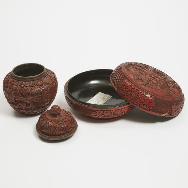 A Red Lacquer Carved Box and Cover, Together With a Lidded Jar, 19th Century