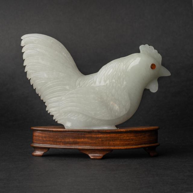 A White Jade Carving of Rooster Inlaid With Amber Eyes, 18th Century