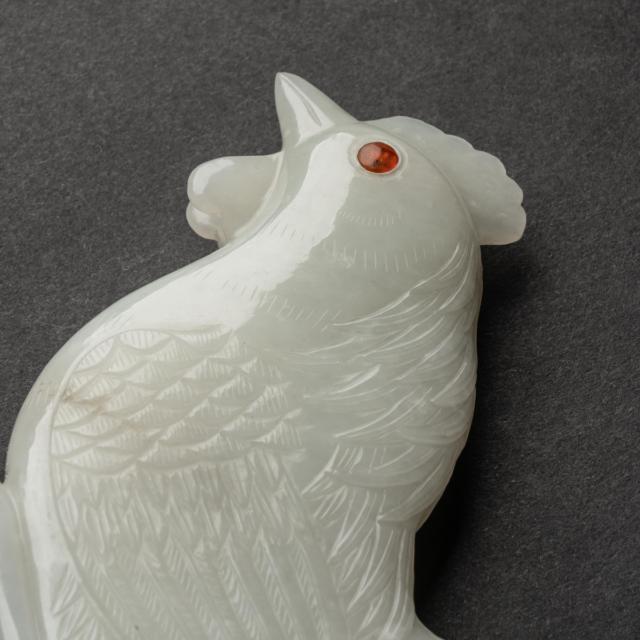 A White Jade Carving of Rooster Inlaid With Amber Eyes, 18th Century