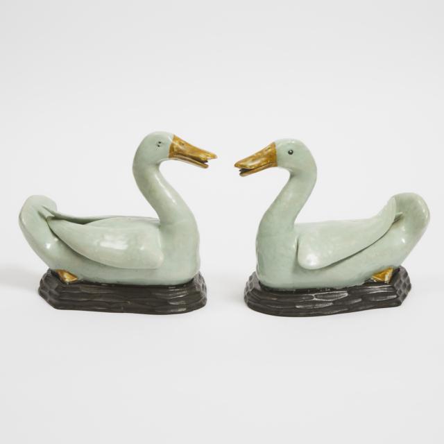 A Pair of Chinese Export Green-Enameled Ducks, Qianlong Period, 18th Century