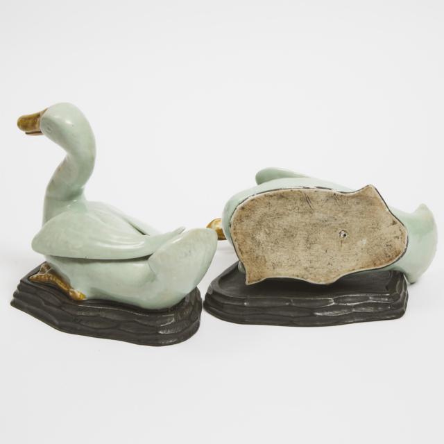 A Pair of Chinese Export Green-Enameled Ducks, Qianlong Period, 18th Century