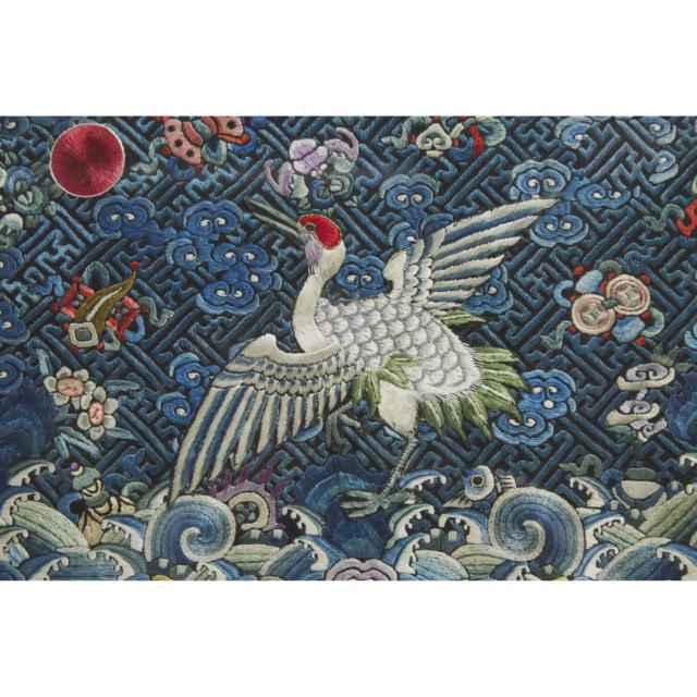 An Embroidered First Rank Civil Official 'Crane' Badge, Buzi, Qing Dynasty, 19th Century