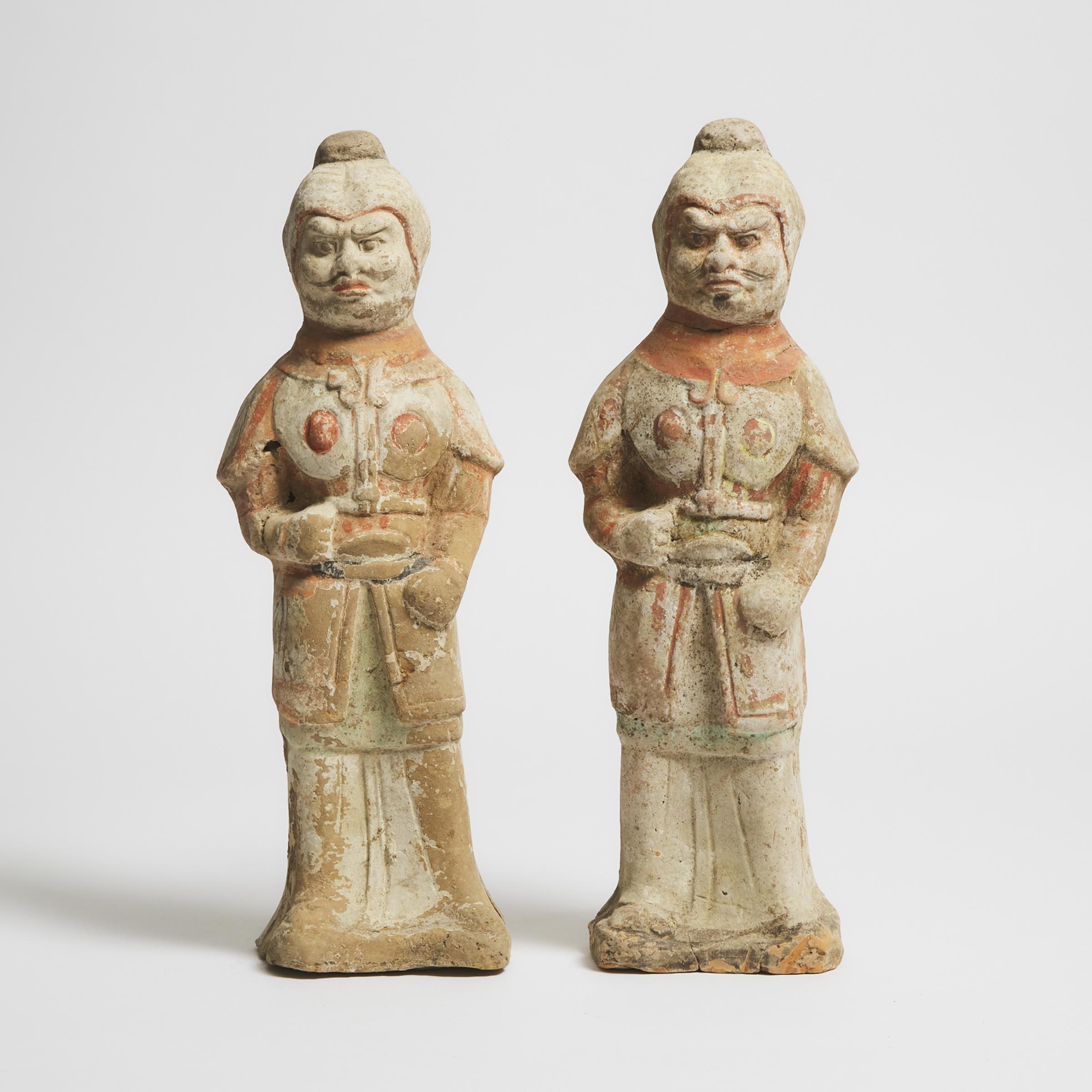 A Pair of Painted Pottery Lokapala Guardians, Han Dynasty (206 BC-AD 220)