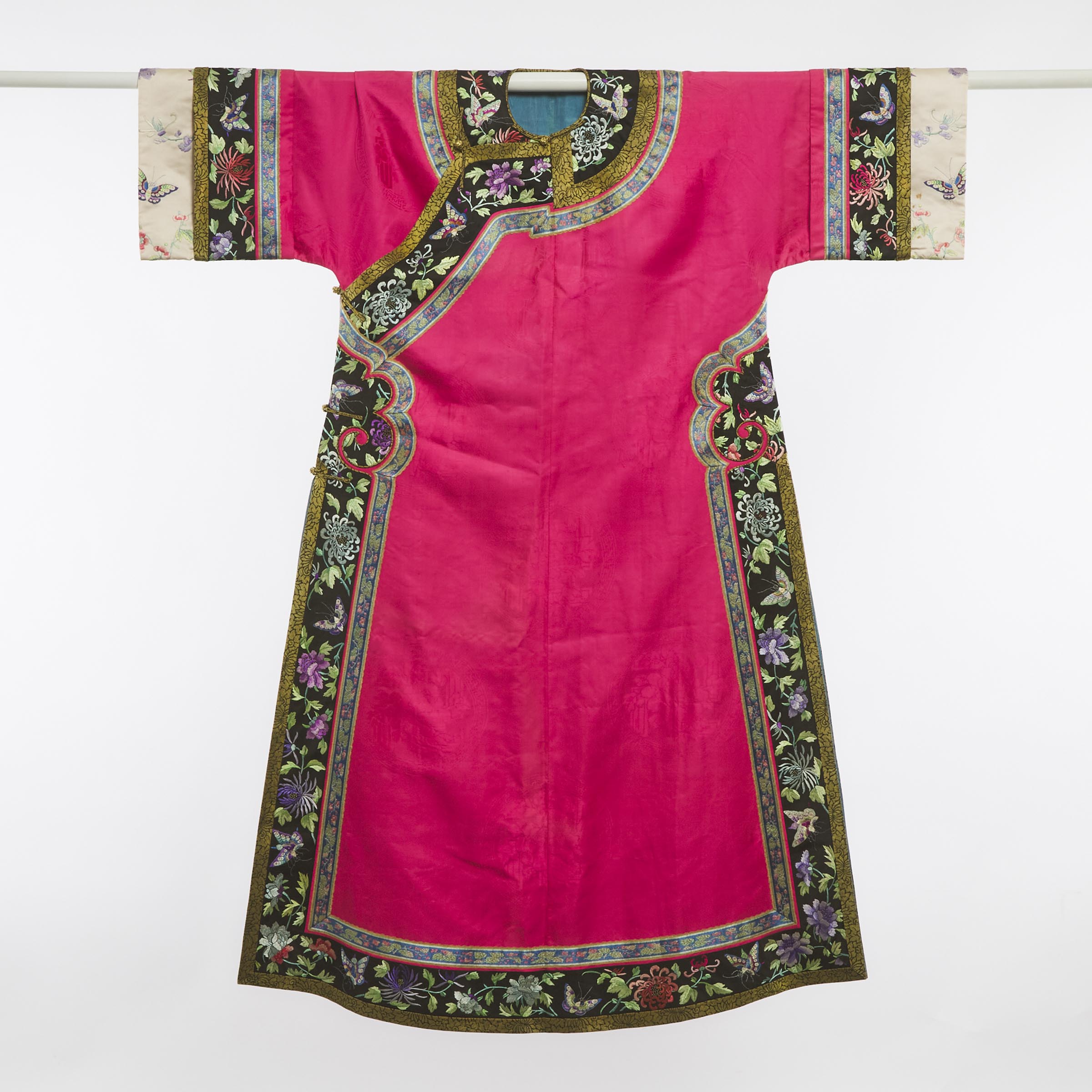 A Pink-Ground Silk Embroidered 'Butterflies and Flowers' Lady's Robe, 19th Century