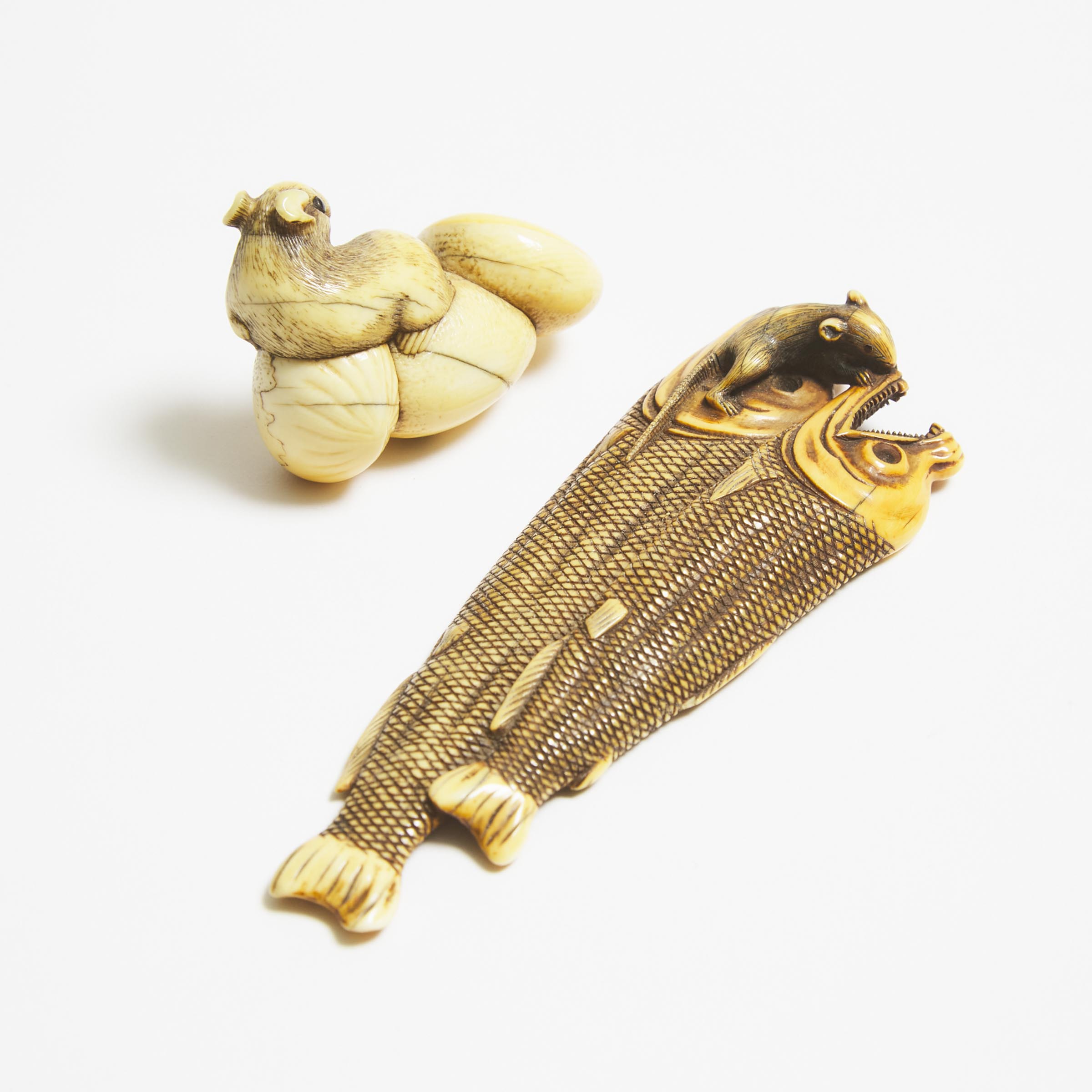 Two Ivory Netsuke of a Rat on Dried Salmon and a Rat on Chestnuts, Mid to Late 19th Century