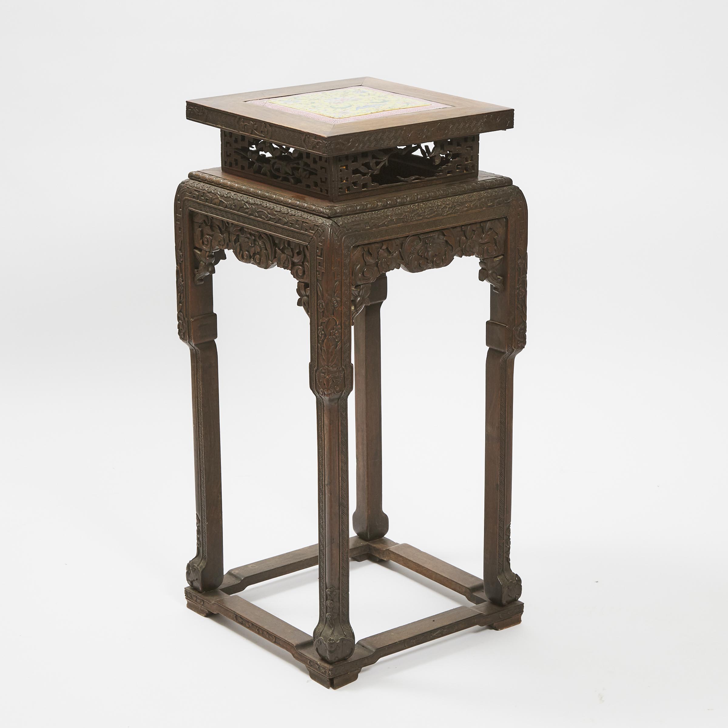 A Chinese Porcelain Panel-Inset Rosewood Stand, 19th Century