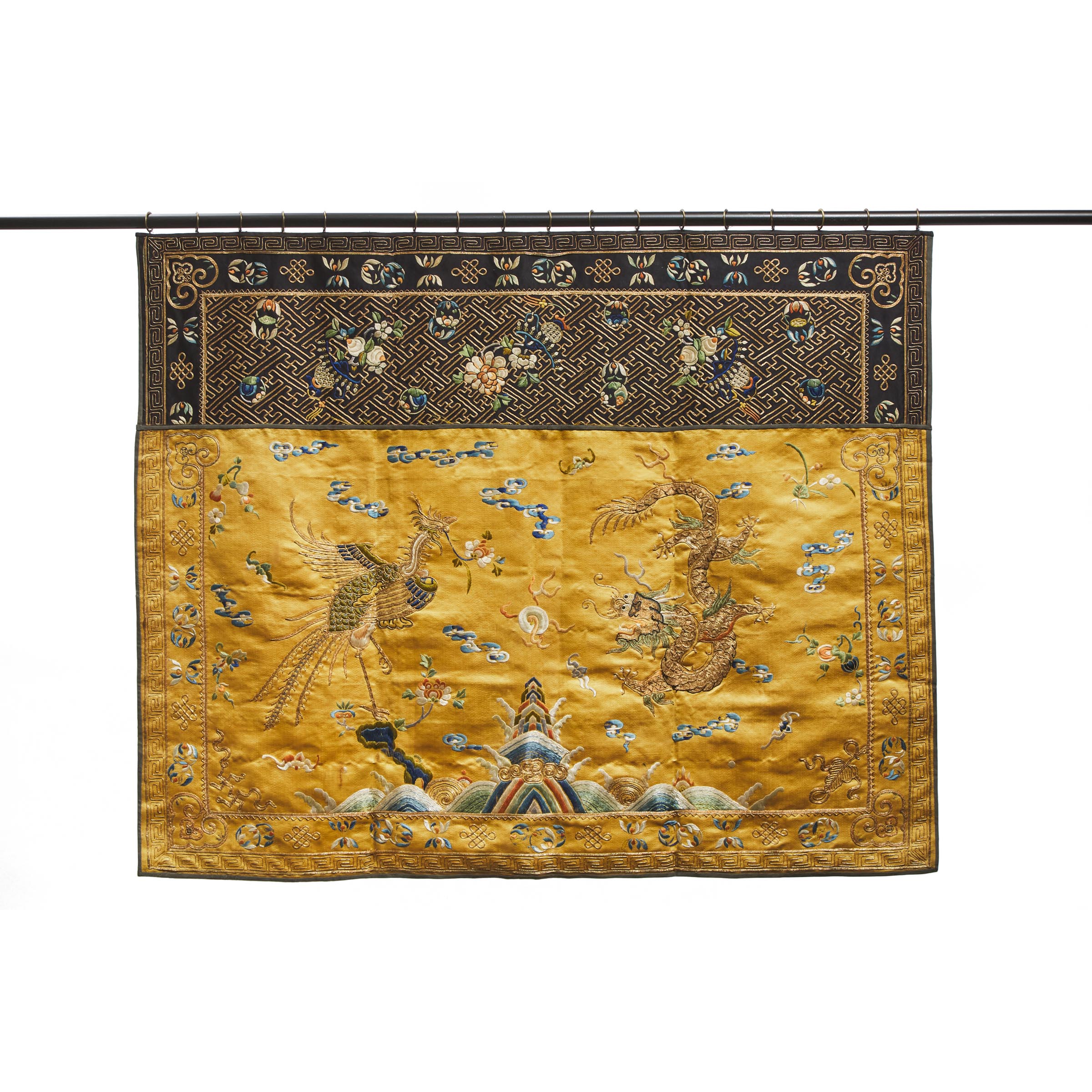 A Yellow-Ground Embroidered 'Dragon and Phoenix' Panel, Qing Dynasty, Early 19th Century