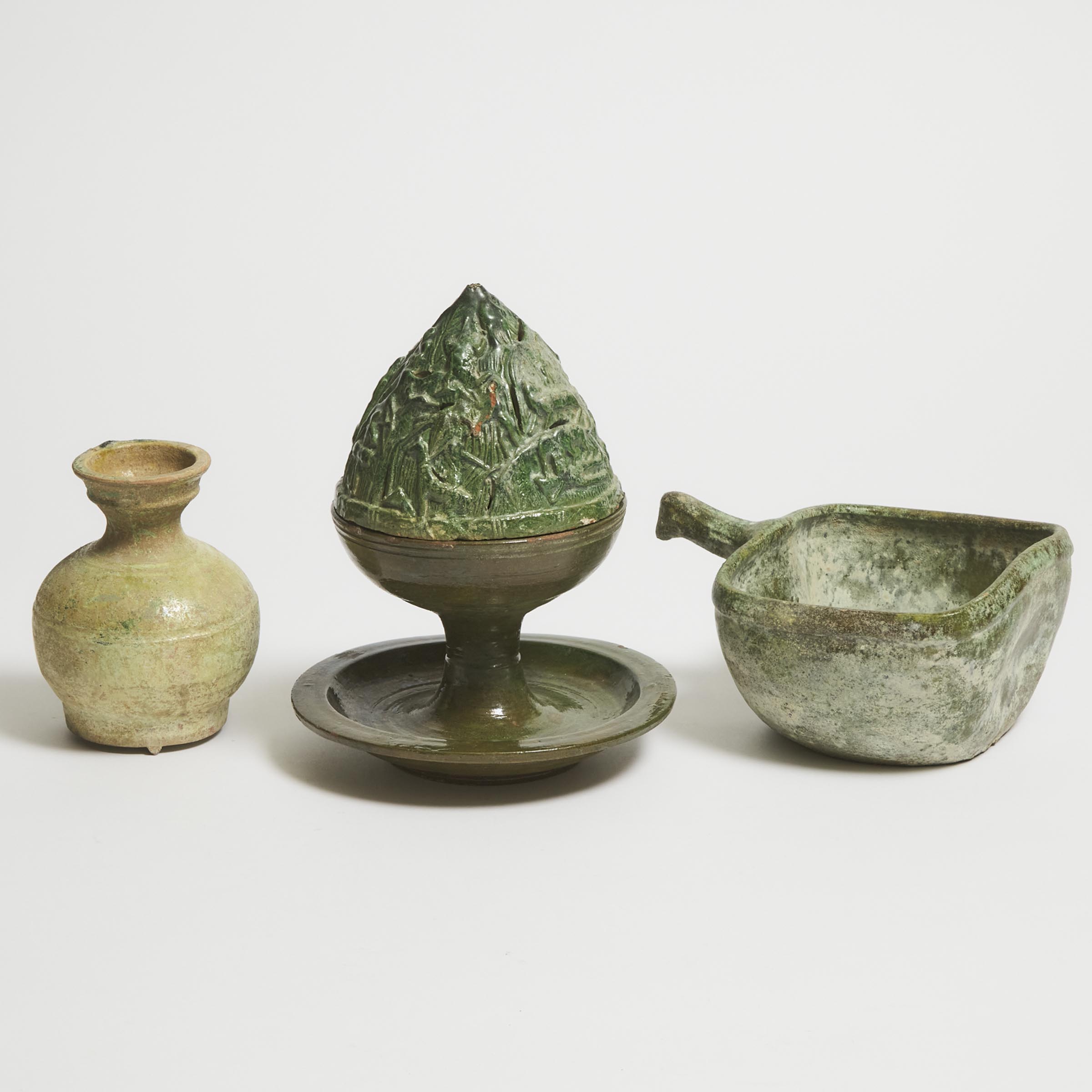 A Group of Three Green-Glazed Pottery Vessels, Han Dynasty (206 BC-AD 220)