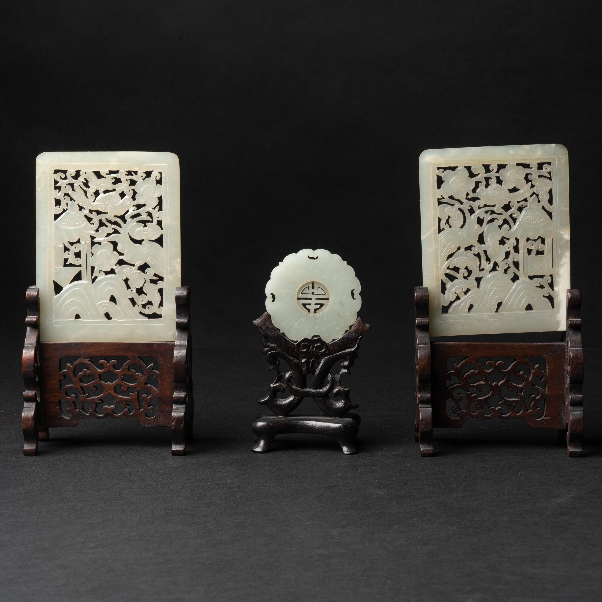 A White Jade Circular Plaque, Together with A Pair of Serpentine Carved Table Screens, 19th Century