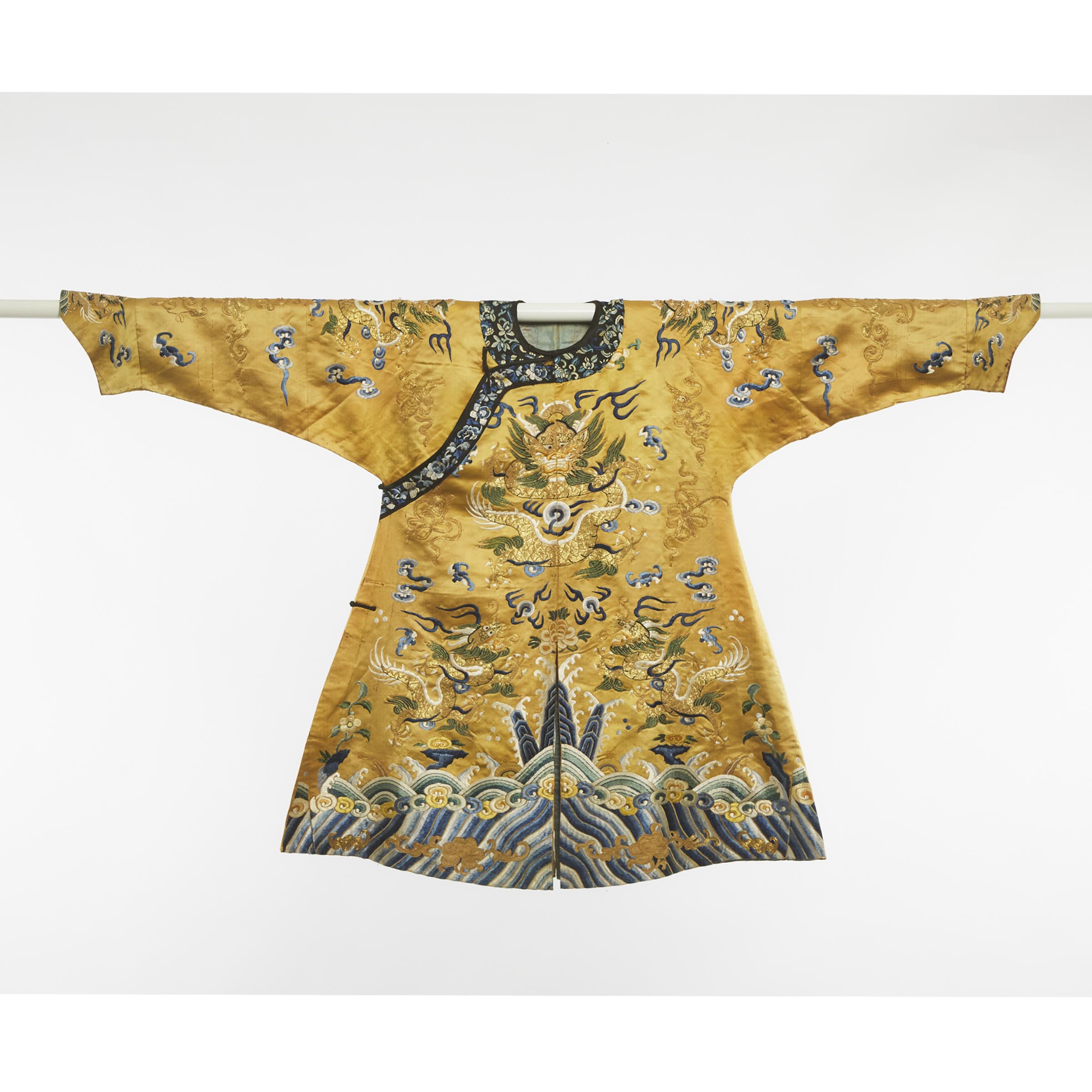 A Yellow-Ground Gold Thread Embroidered Lady's Dragon Robe, 19th Century