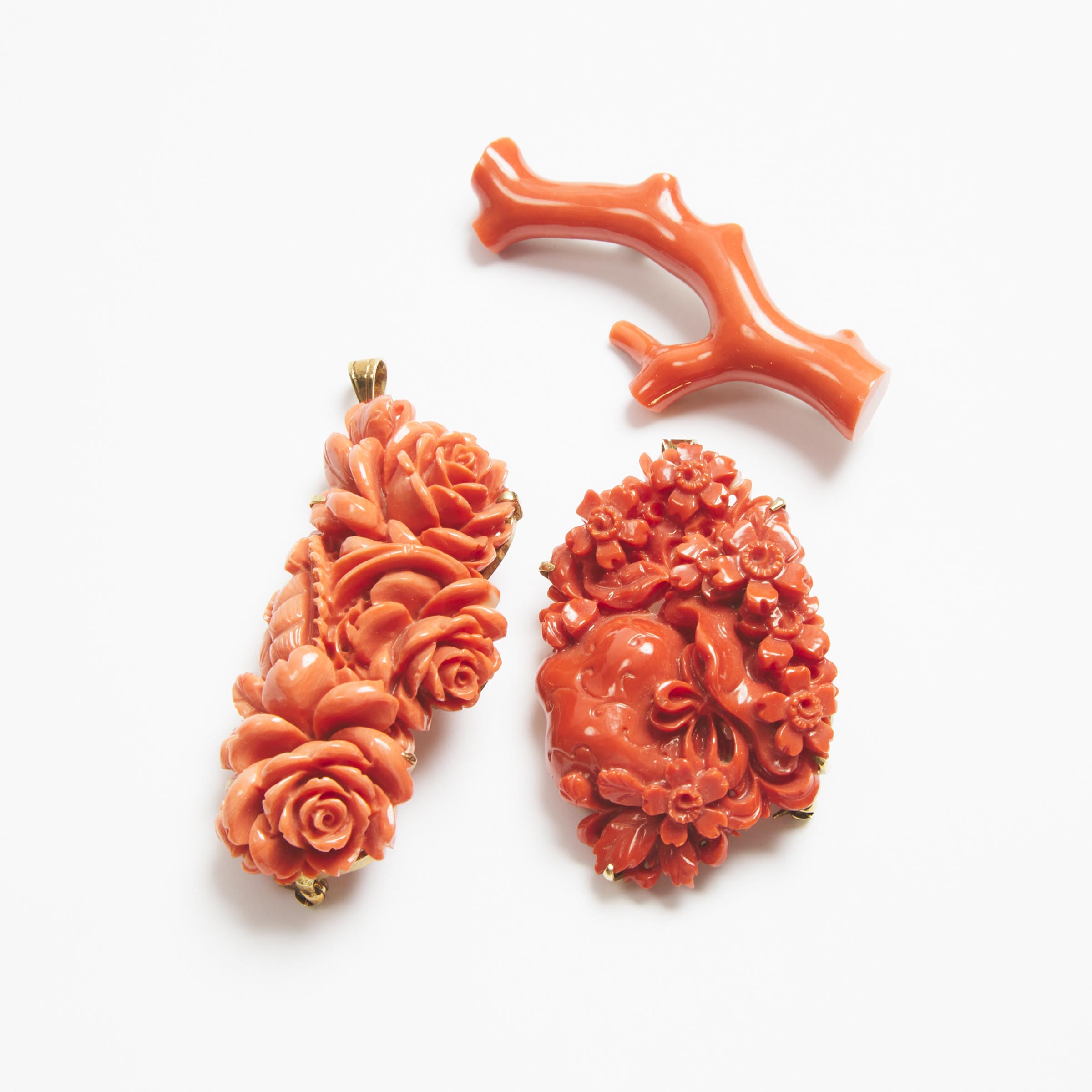 Three Carved Coral Brooches, 19th Century 