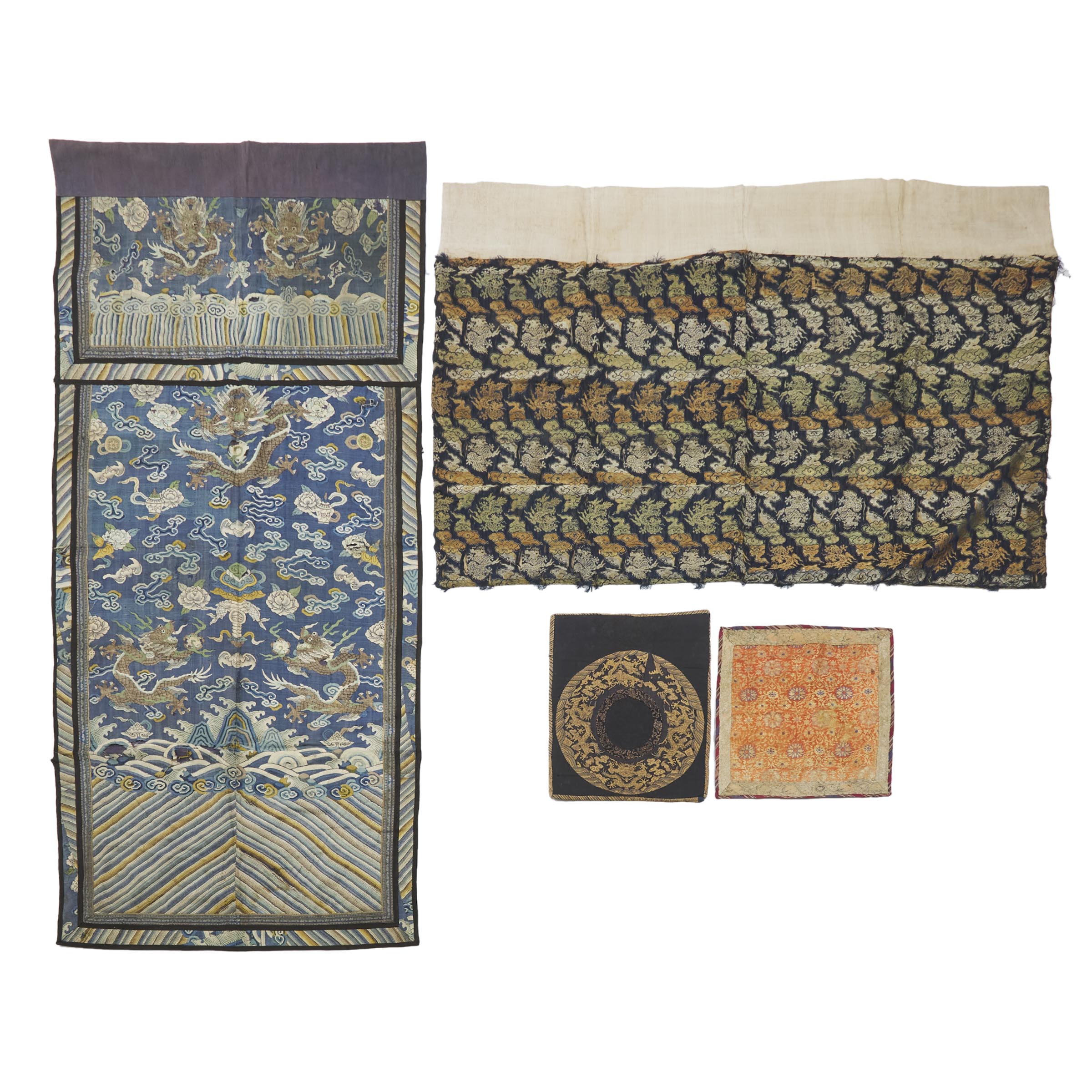Two Kesi Silk Embroidered 'Dragon' Panels, Together With Two Embroidered Panels, 19th Century