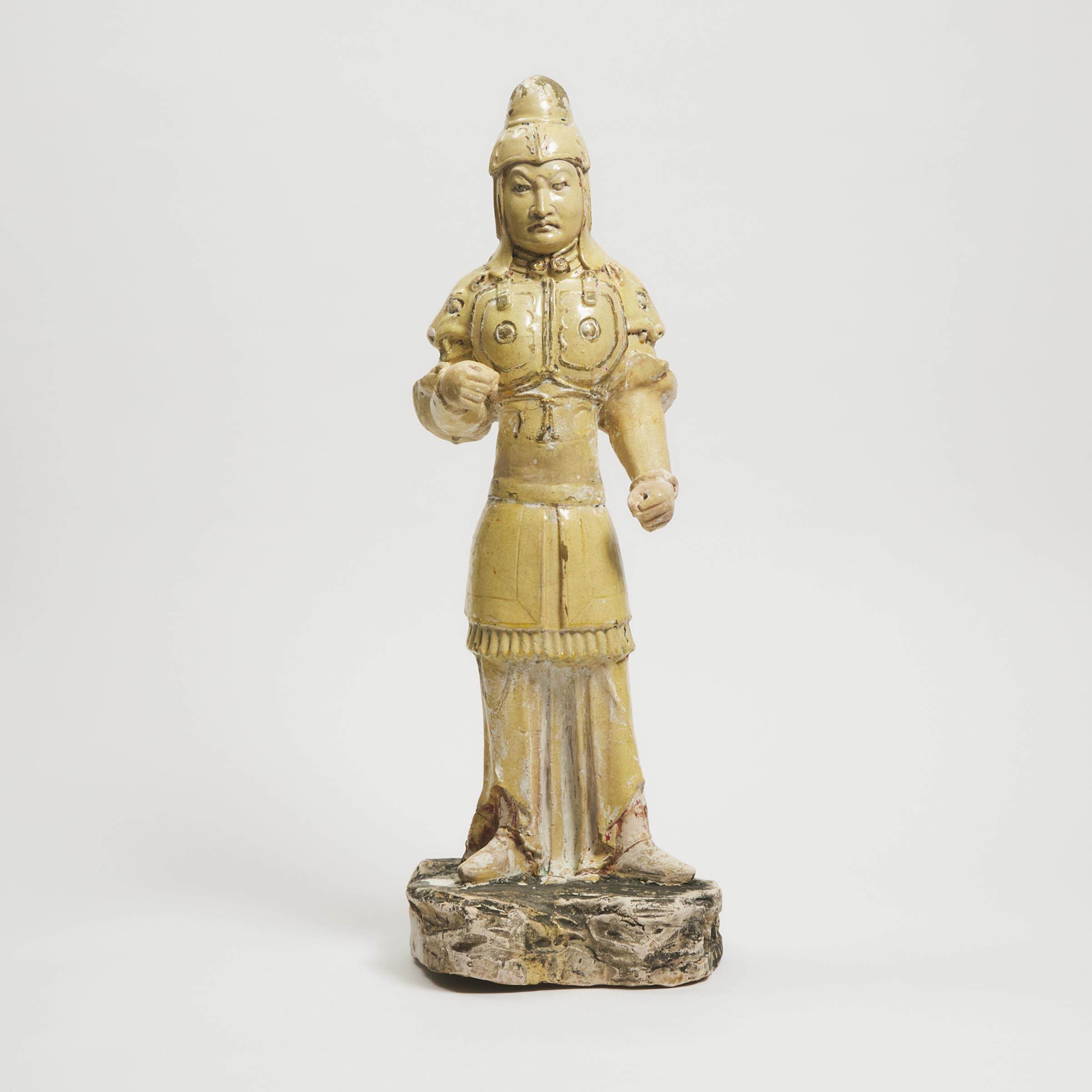 A Rare Partial Gilt Straw-Glazed Pottery Figure of a Warrior, Sui Dynasty (AD 581-618)