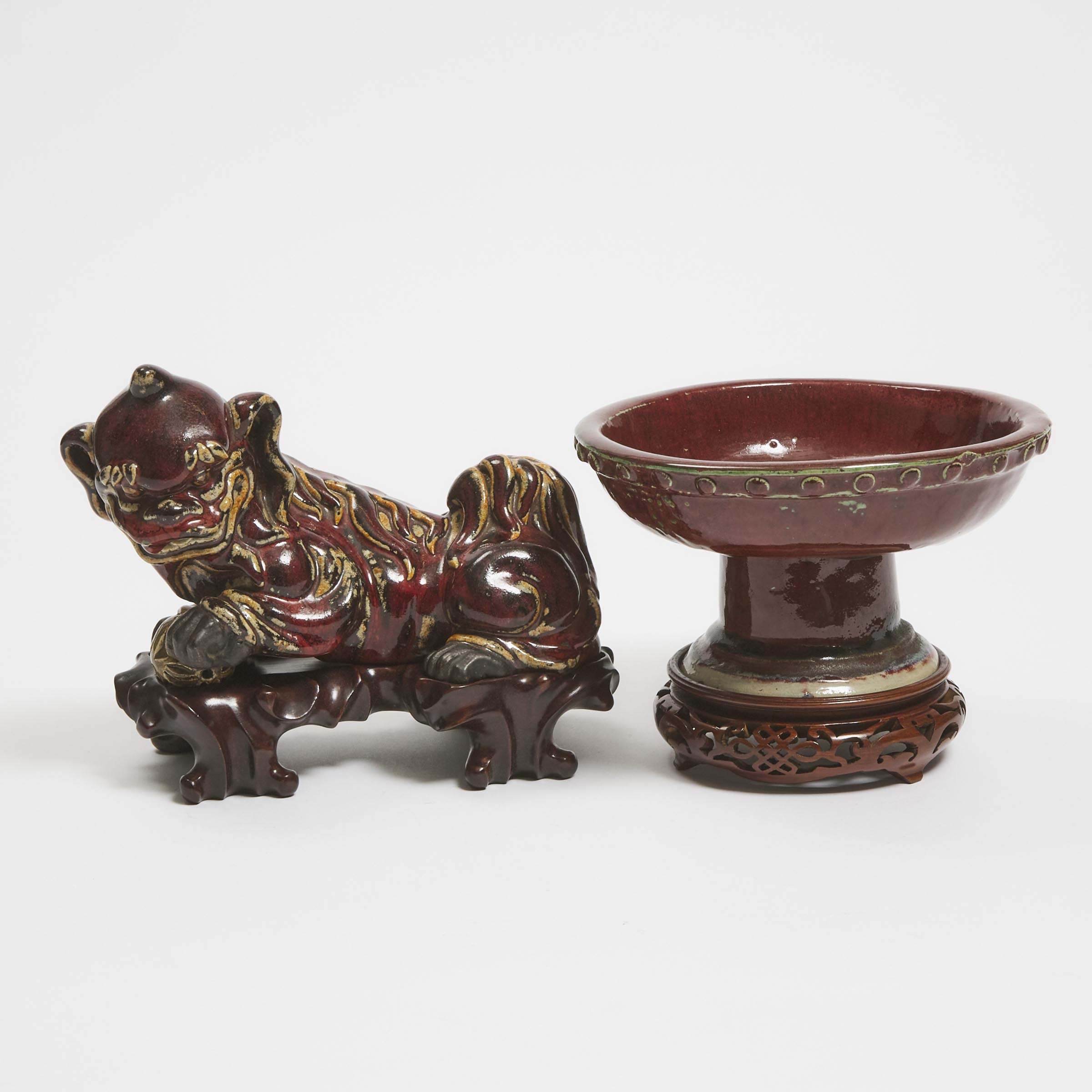 A Shiwan Red-Glazed Lion, Together With a Shiwan Flambé Footed Bowl, 19th/20th Century
