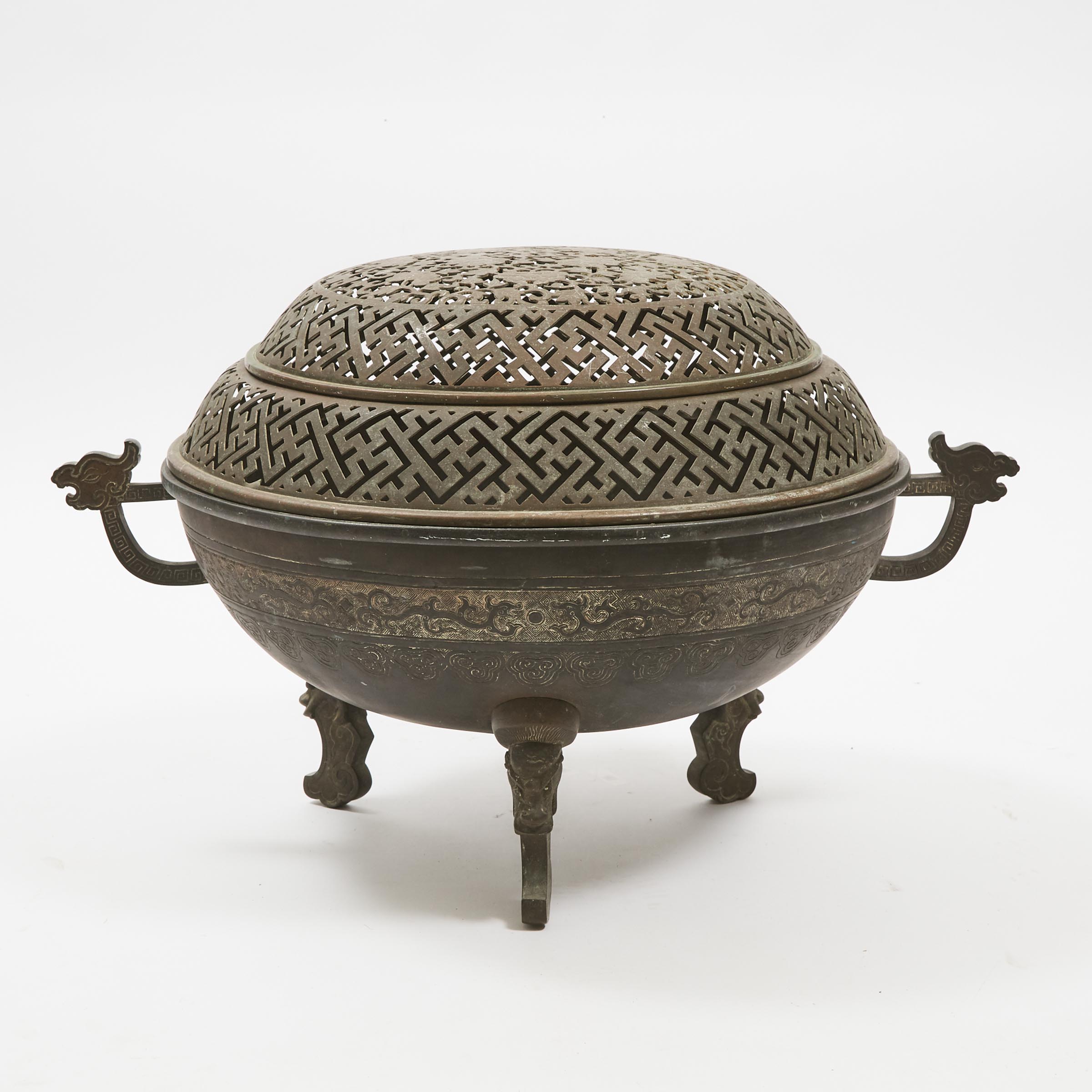 A Massive Chinese Bronze Tripod Incense Burner and Cover, Qing Dynasty