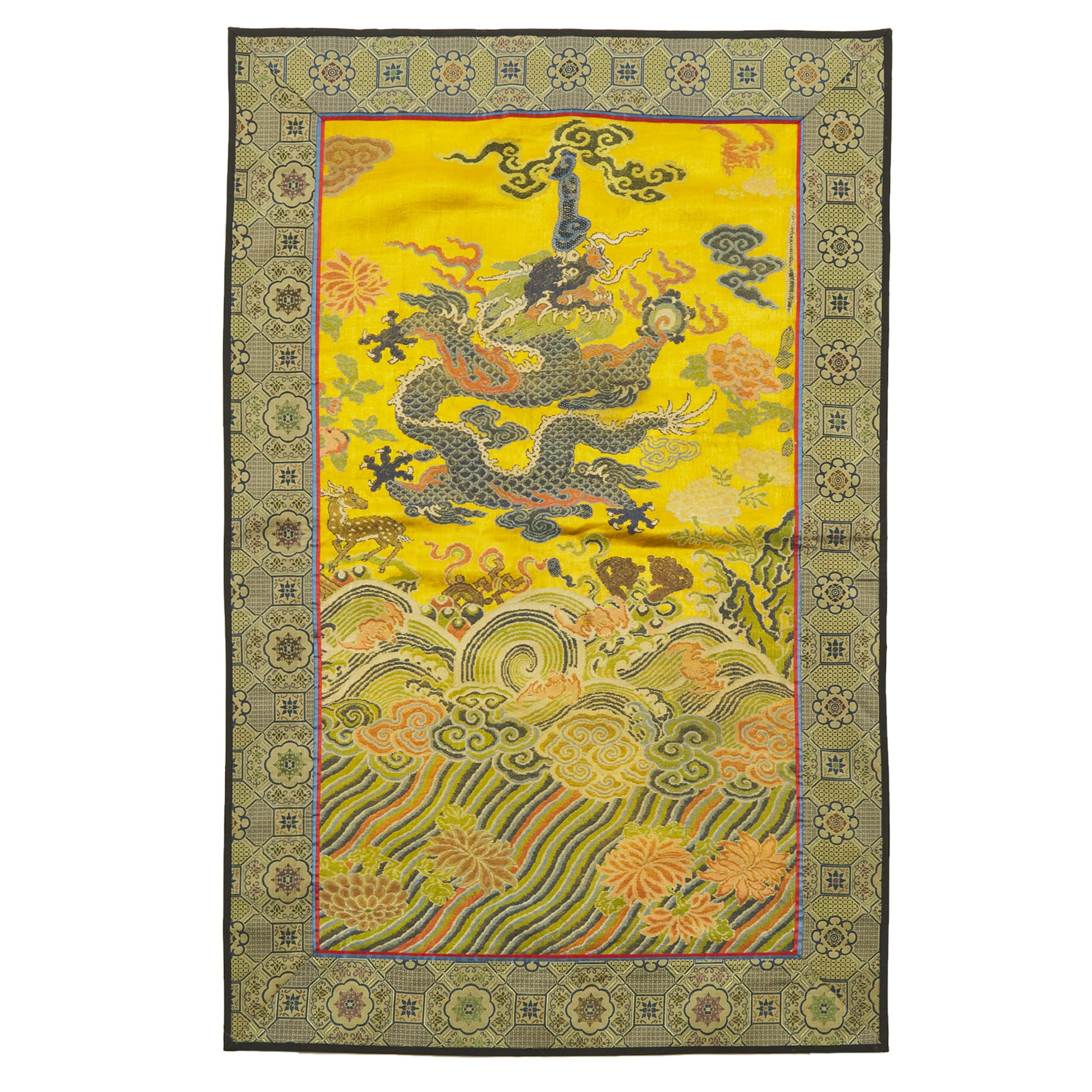 A Yellow-Ground Blue Silk Embroidered 'Dragon' Panel, Qing Dynasty, 18th Century  