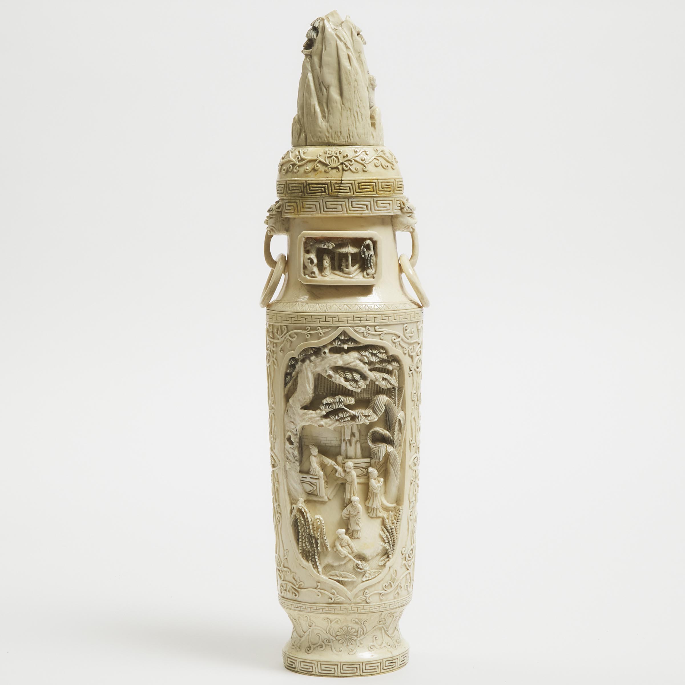 A Carved Ivory 'Figural Landscape' Vase and Cover, Early 20th Century