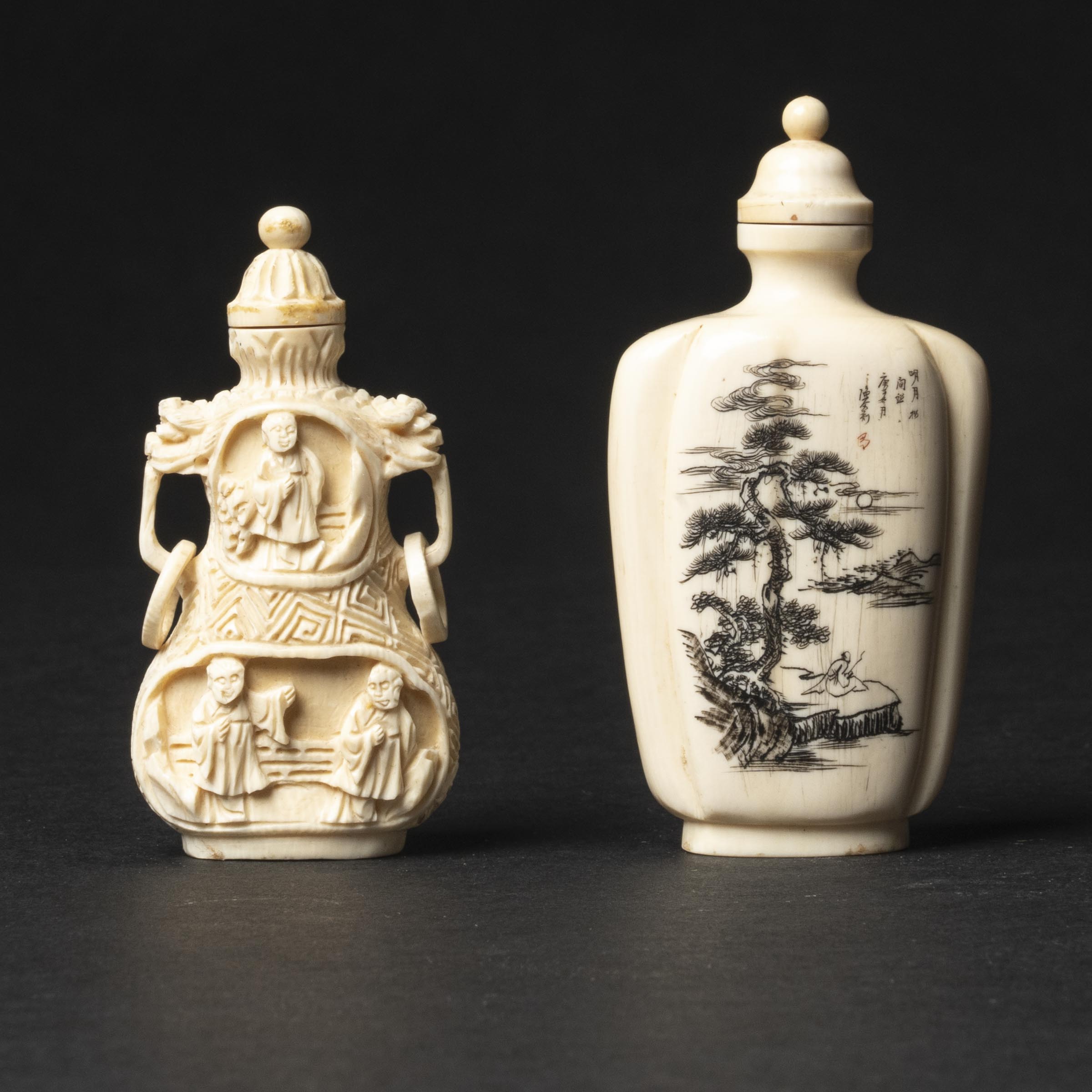 Two Carved Ivory Snuff Bottles, 20th Century