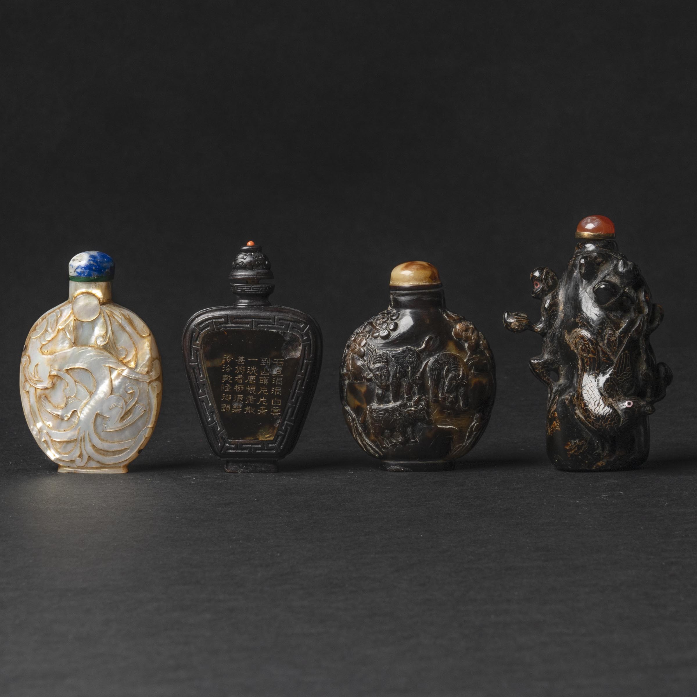 Two Tortoiseshell Snuff Bottles, Together With Two Black Coral and Mother-of-Pearl Snuff Bottles, 19th/20th Century