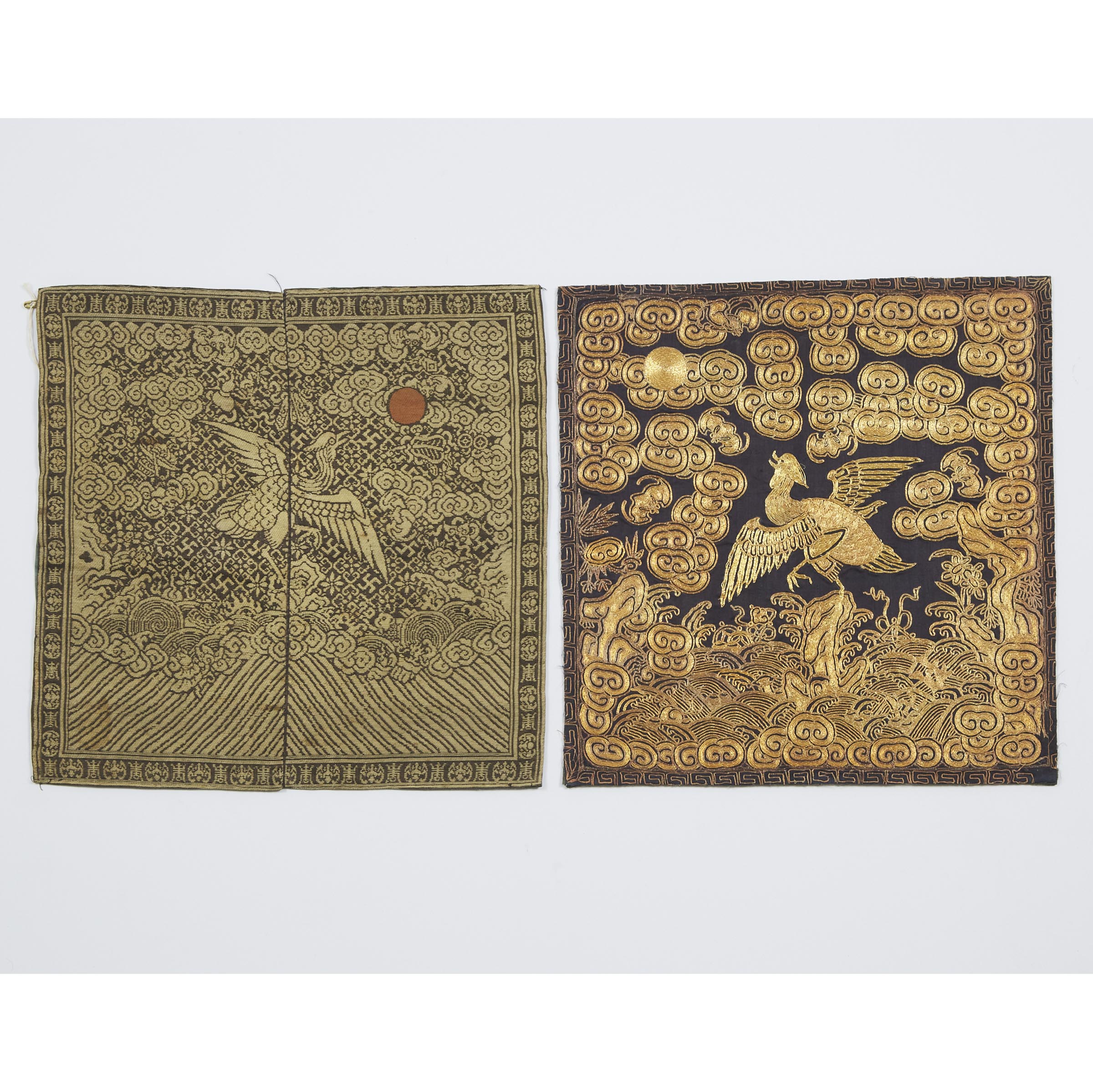 Two Embroidered Seventh Rank Civil Official 'Mandarin Duck' Badges, Buzi, 19th Century