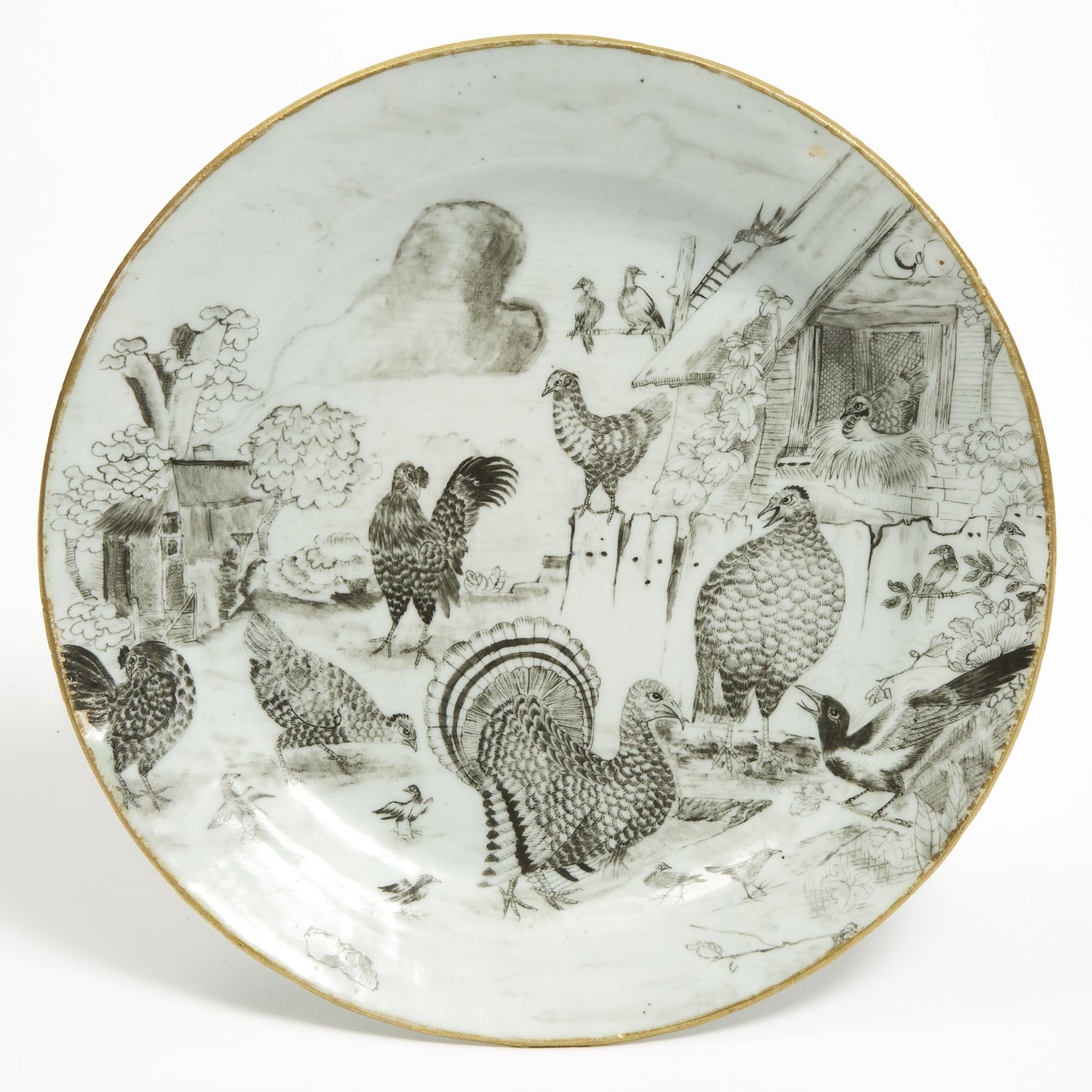 A Chinese Export Grisaille and Gilt-Decorated 'Turkey' Plate, Qianlong Period, Circa 1750