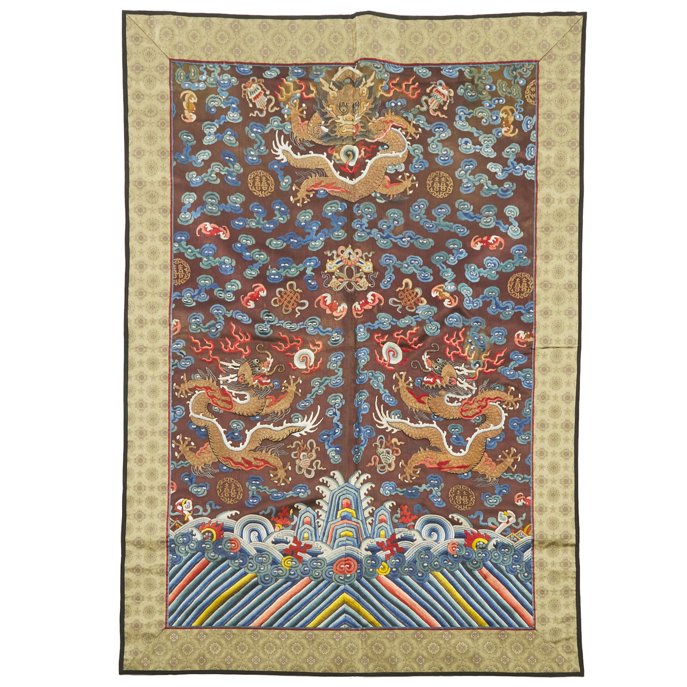 A Chestnut-Ground Embroidered Silk 'Dragon' Robe Fragment, 19th Century