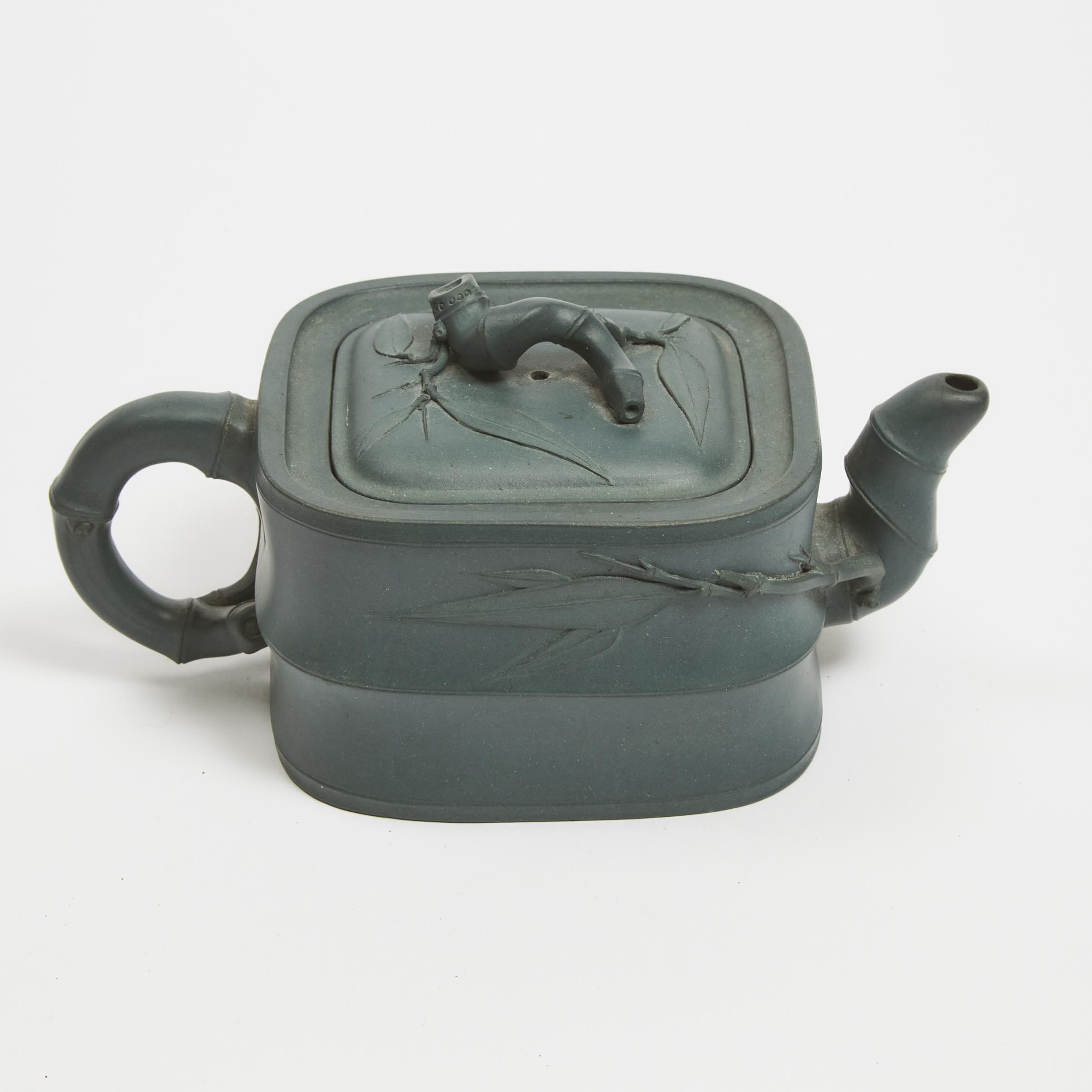 A Green Yixing/Zisha Imitation-Bamboo Square Teapot, Republican Period, Early 20th Century