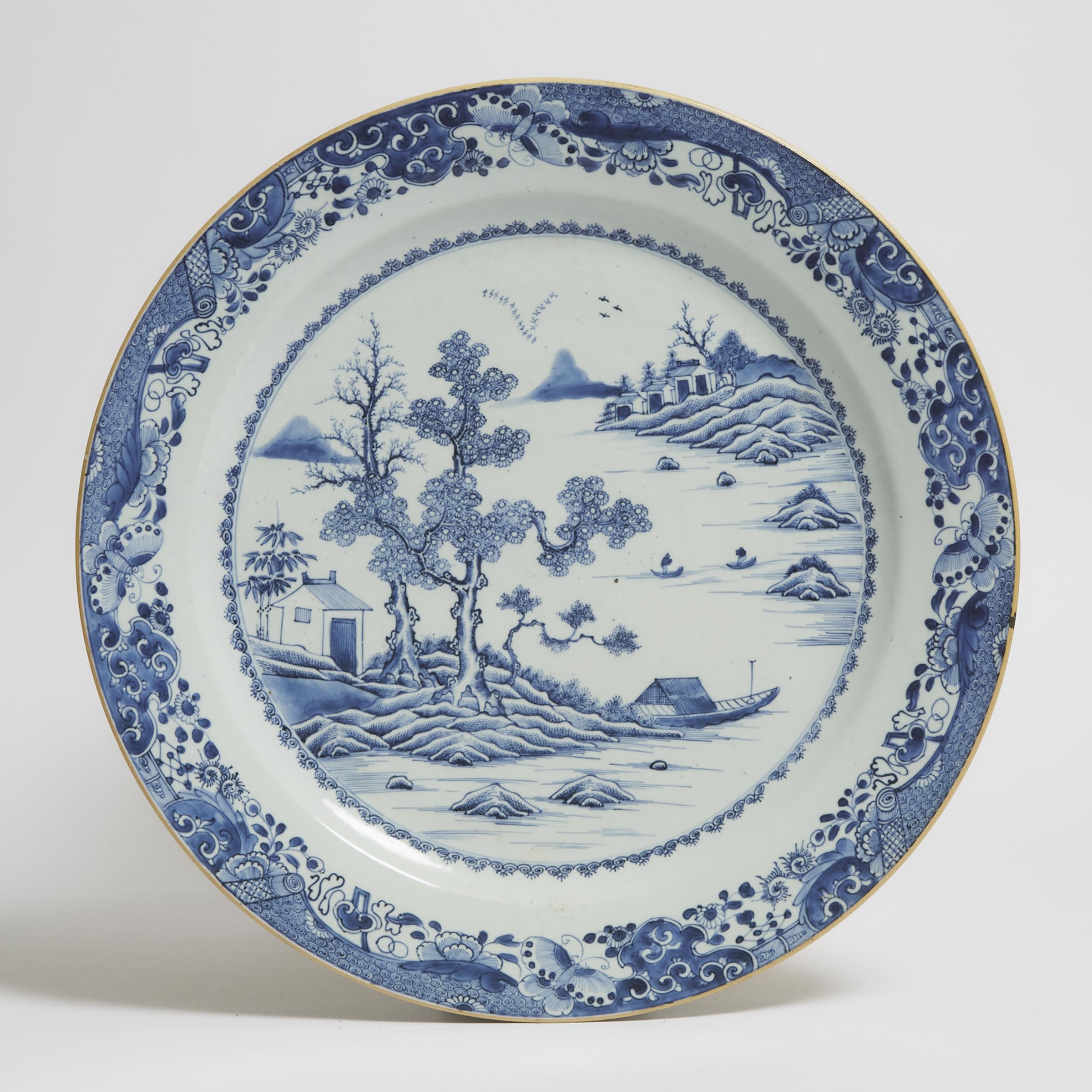 A Large Blue and White 'Landscape' Plate, 18th Century
