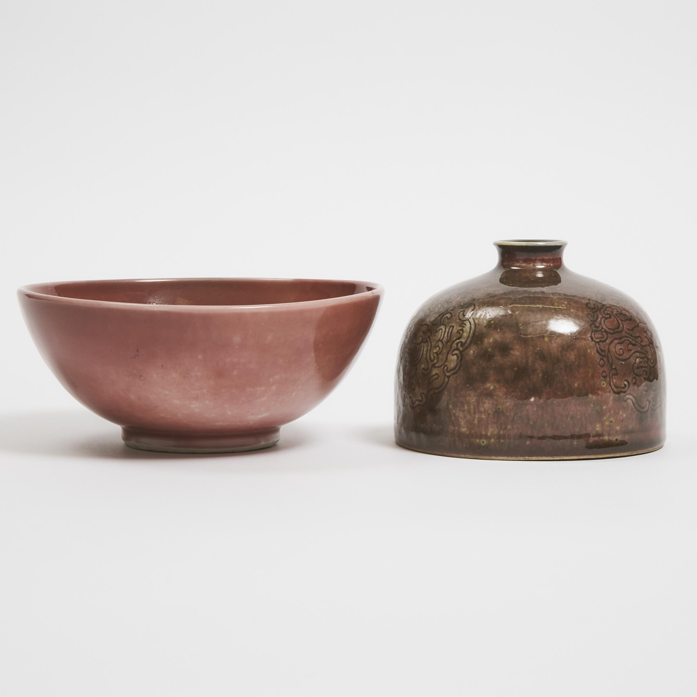 A Peachbloom-Glazed Beehive Water Pot (Taibai Zun), Kangxi Mark, 19th Century, Together With a Peachbloom-Glazed Bowl, 18th Century