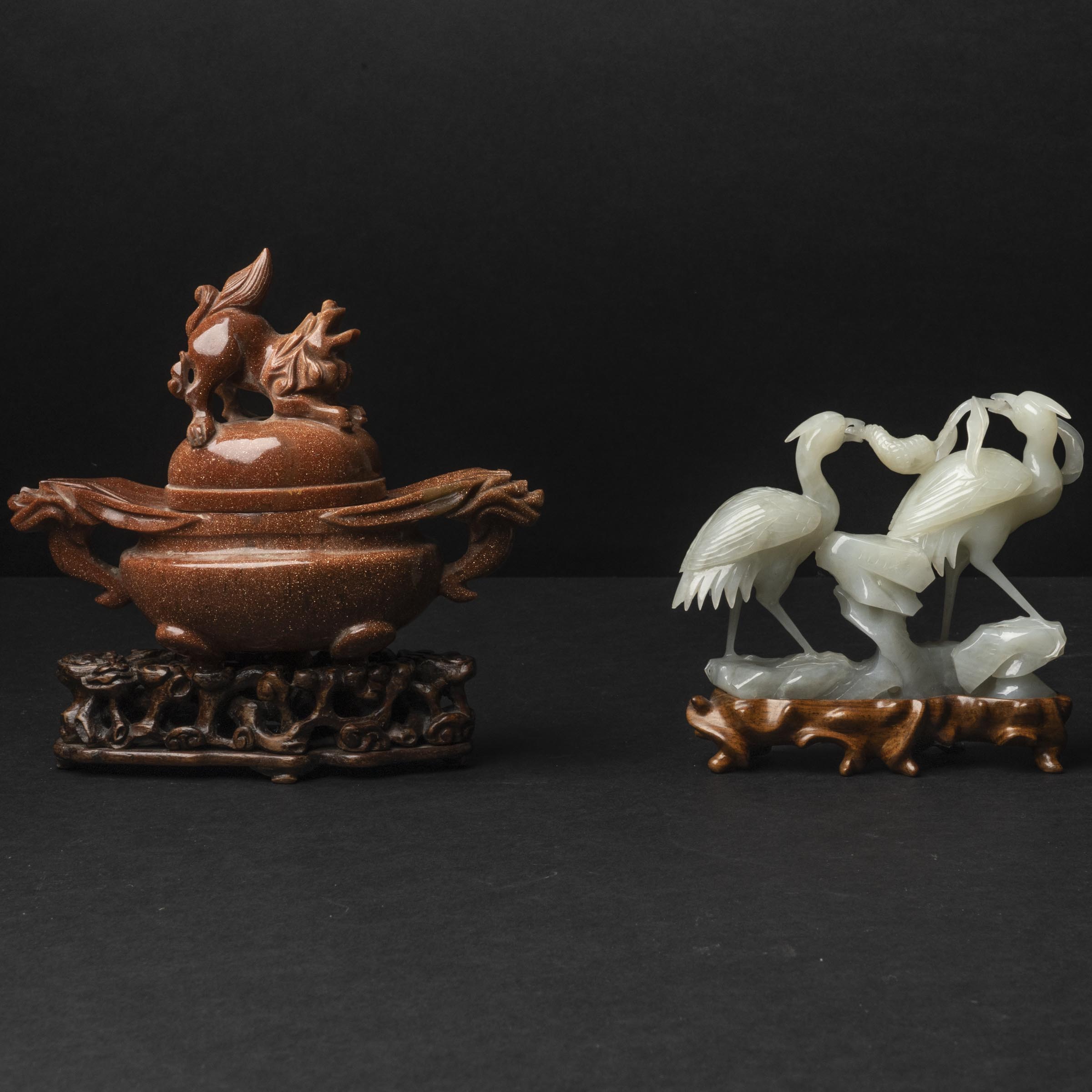A White Jade 'Crane Holding Lingzhi' Group, Together With an Imitation-Goldstone Glass Censer, Early to Mid 20th Century