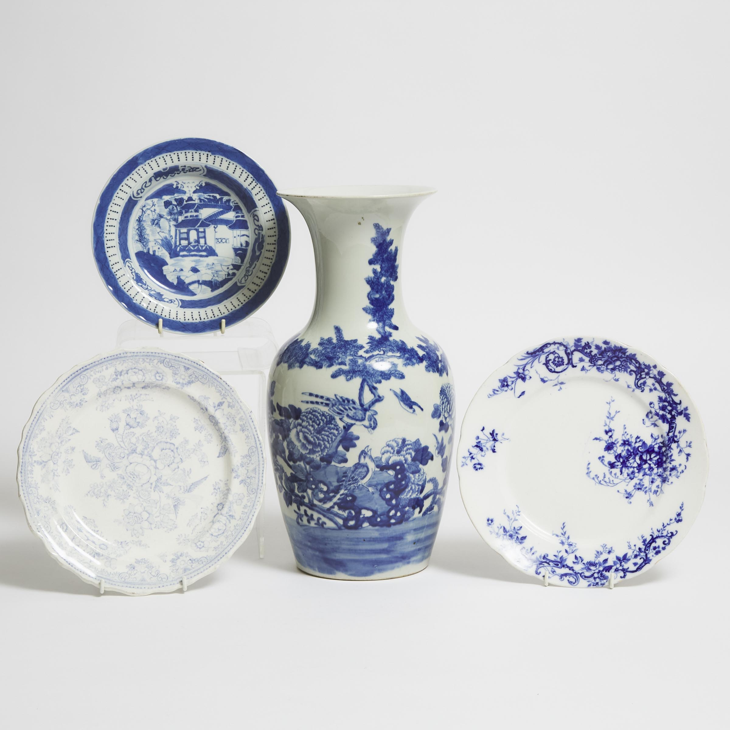 A Blue and White 'Birds and Flowers' Vase, Together With Three Blue and White Dishes, 19th Century
