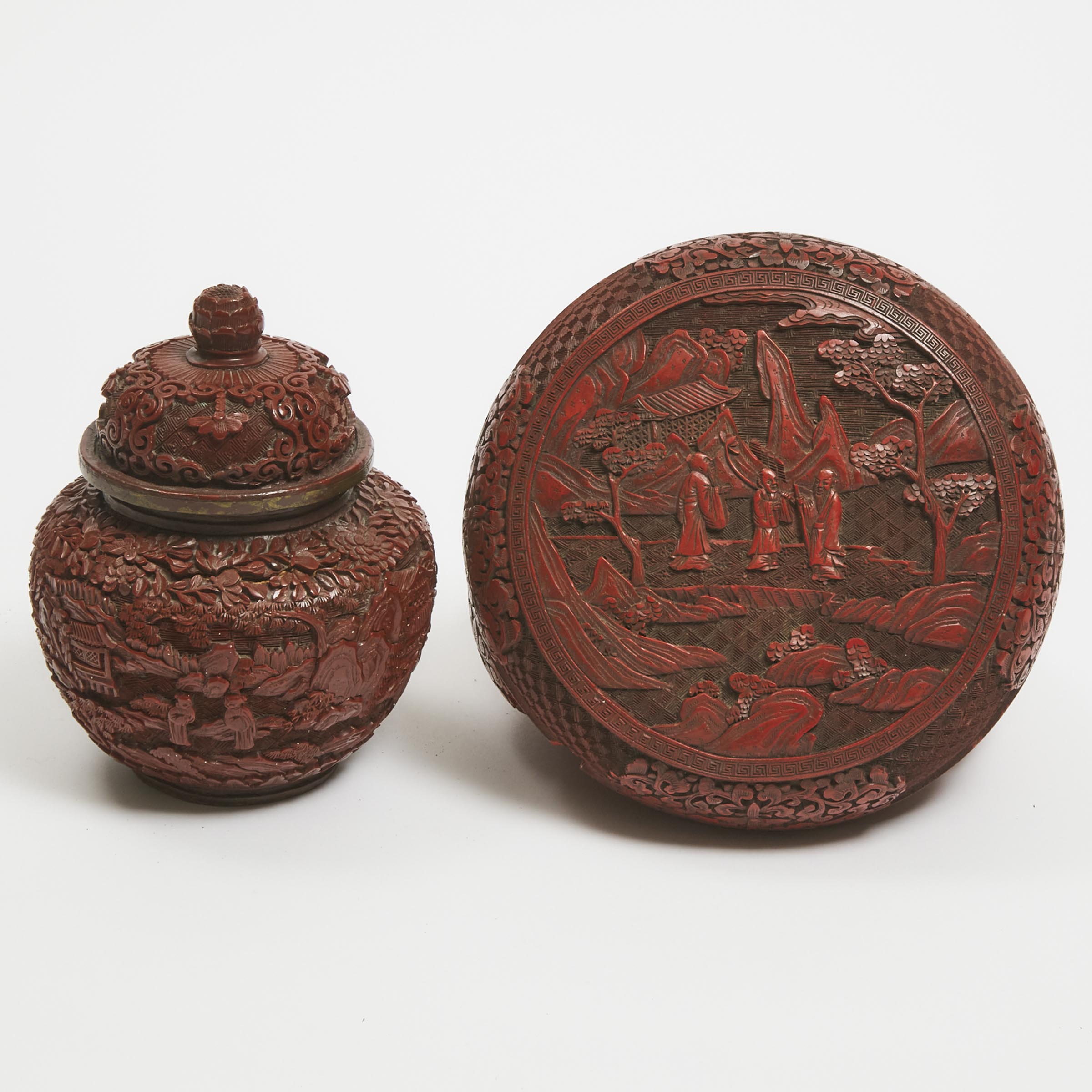 A Red Lacquer Carved Box and Cover, Together With a Lidded Jar, 19th Century