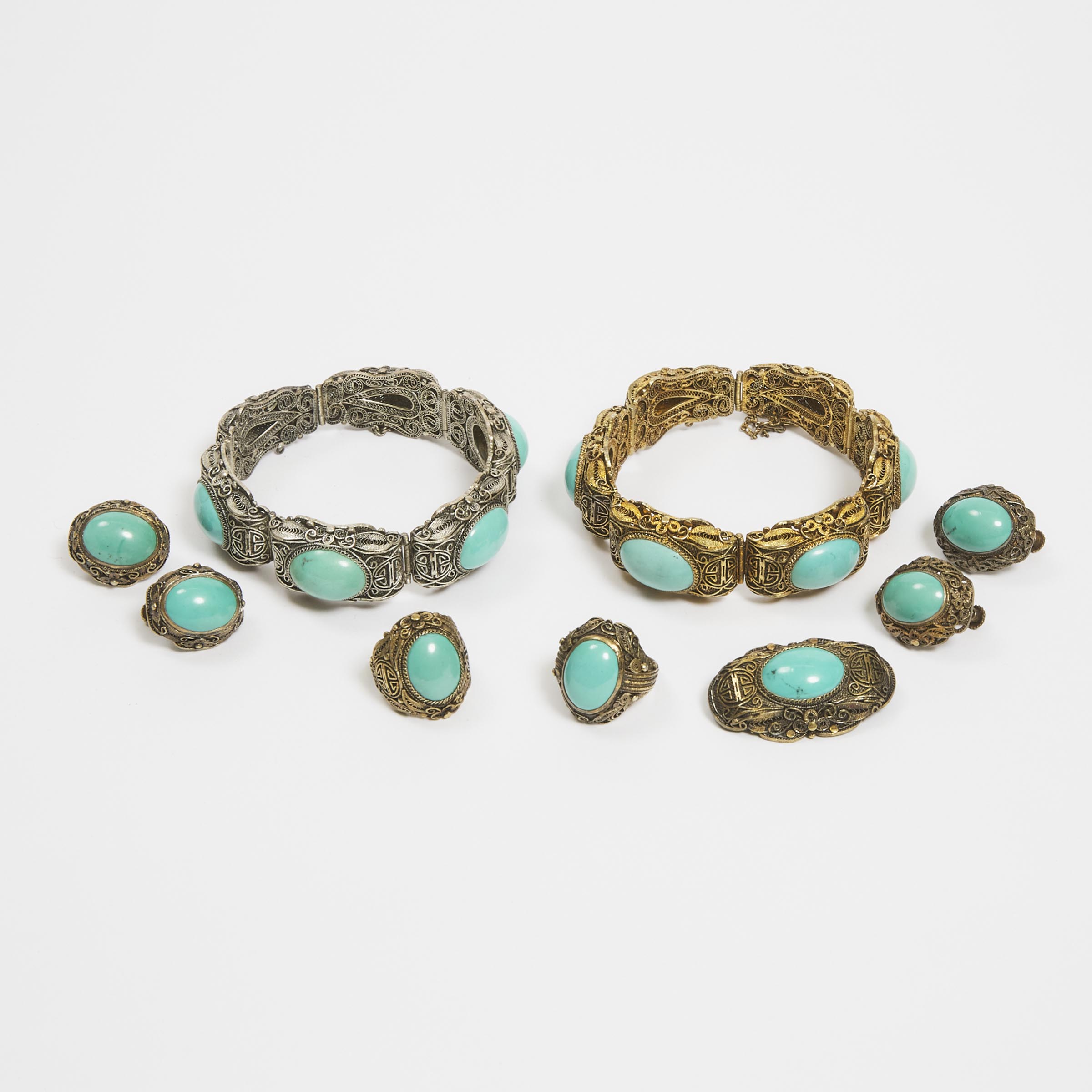 Two Sets of Nine Chinese Silver-Gilt Filigree and Turquoise-Inlaid Jewellery Set, Republican Period (1912-1949)