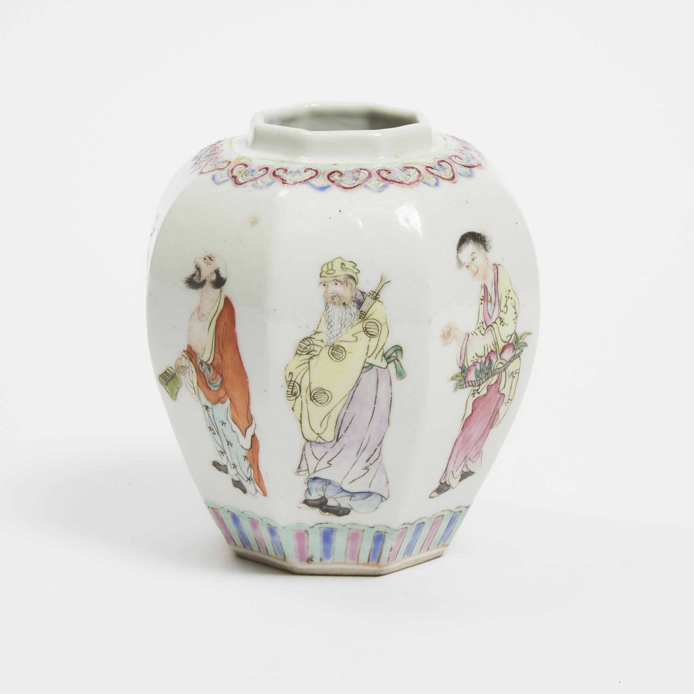 A Famille Rose Octagonal 'Eight Immortals' Jar, 19th/20th Century