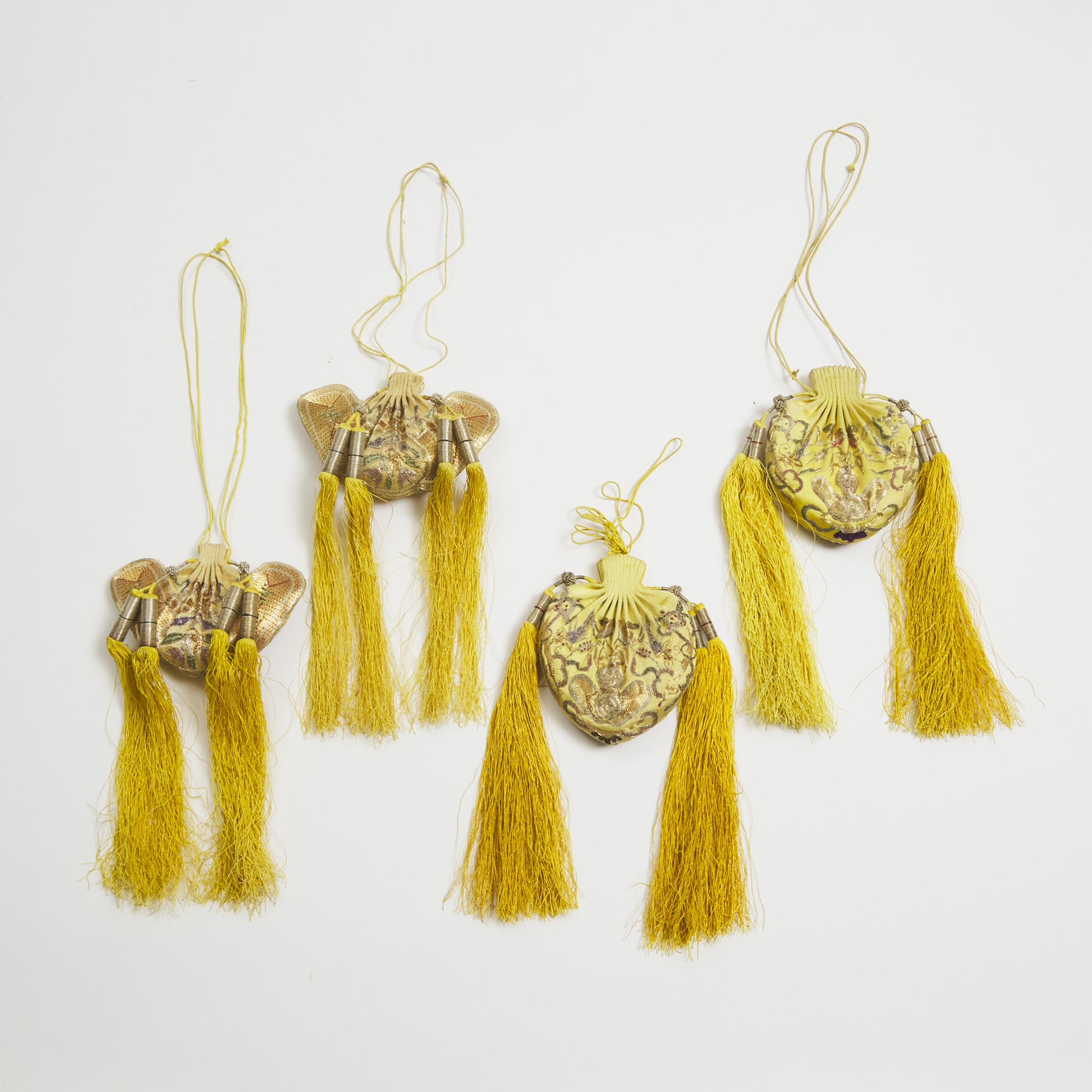 Two Pairs of Imperial Gold-Thread Embroidered Yellow Silk Perfume Pouches, Xiangnang, 19th Century