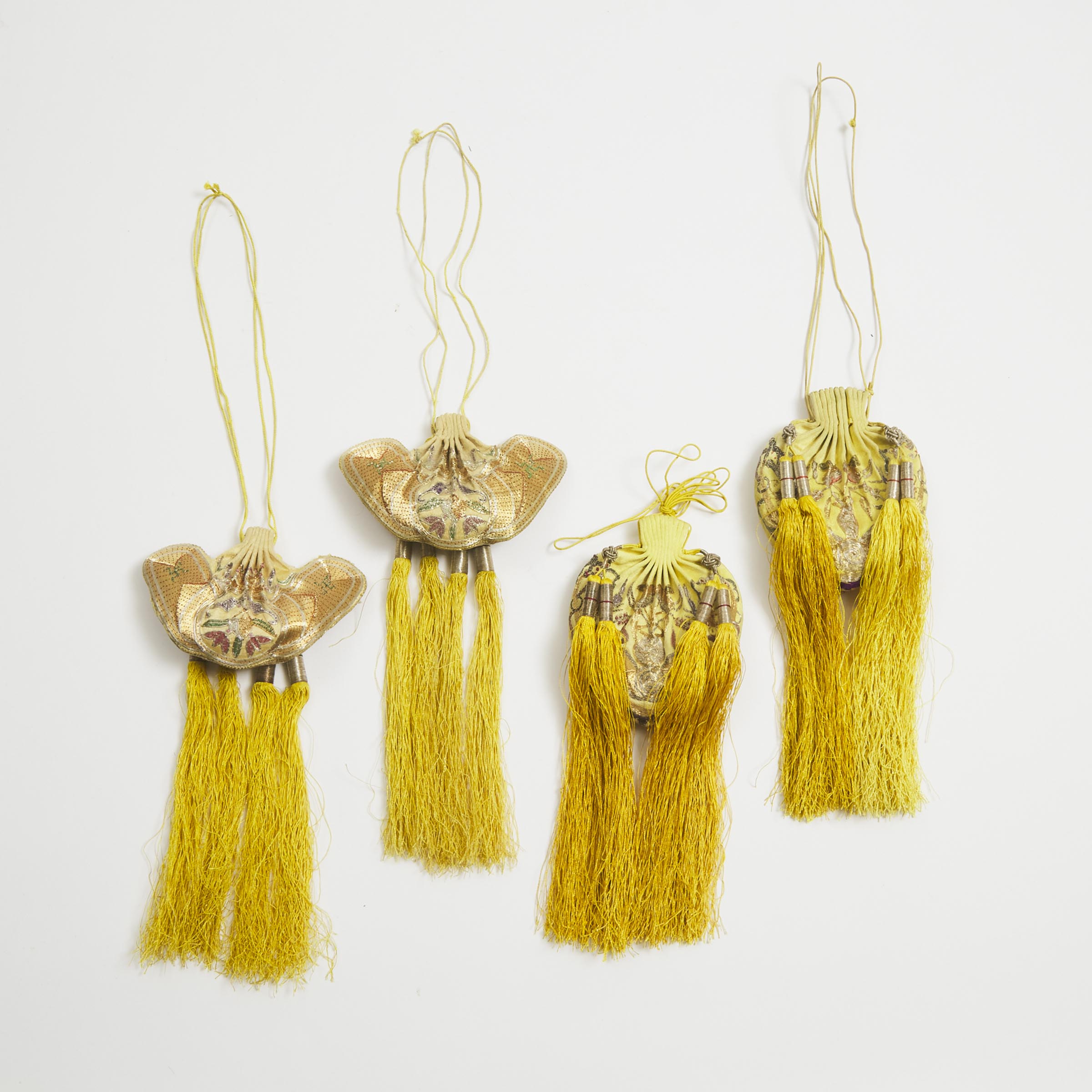 Two Pairs of Imperial Gold-Thread Embroidered Yellow Silk Perfume Pouches, Xiangnang, 19th Century