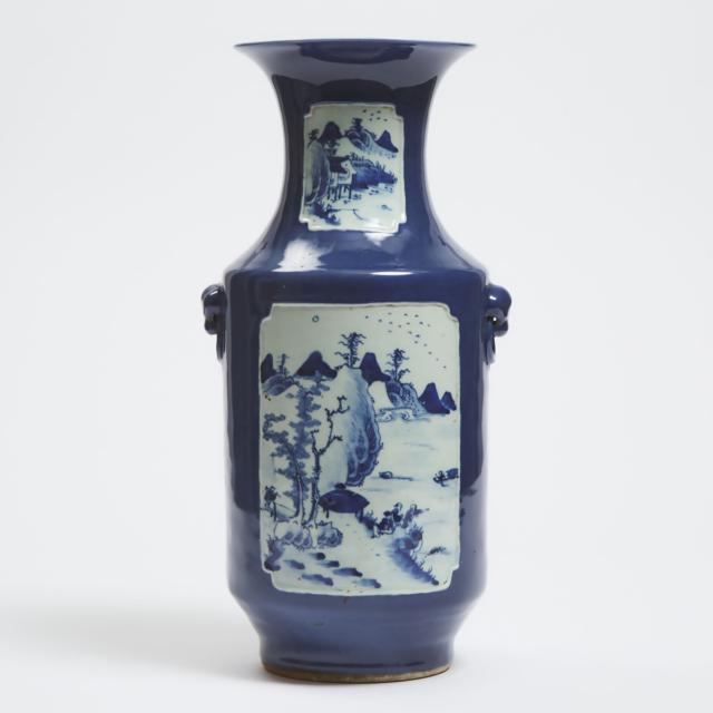 A Blue-Ground 'Landscape' Vase With Elephant Handles, 19th Century