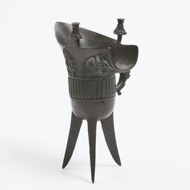 A Bronze Tripod Ritual Wine Vessel, Jue, Mid-20th Century