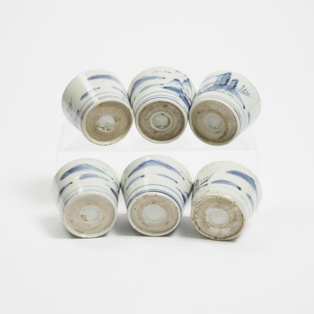 A Set of Six Blue and White Cafe-au-Lait Rimmed Tea Cups, 19th Century