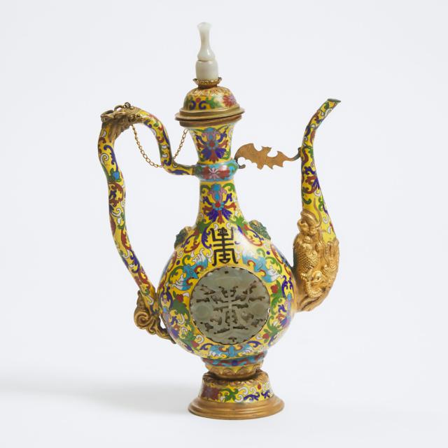 A Chinese Jade-Inset Cloisonné Ewer, 19th/20th Century