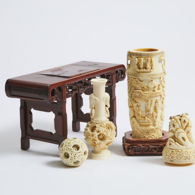 A Chinese Ivory Vase and Cover, Together With a Puzzle Ball Vase, Puzzle Ball, and Miniature Wood Table, Early to Mid 20th Century
