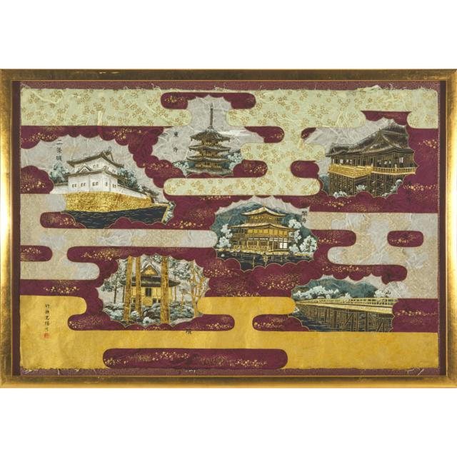 A Pair of Japanese Paintings of Famous Historical Landmarks and a Feudal Procession, 20th Century