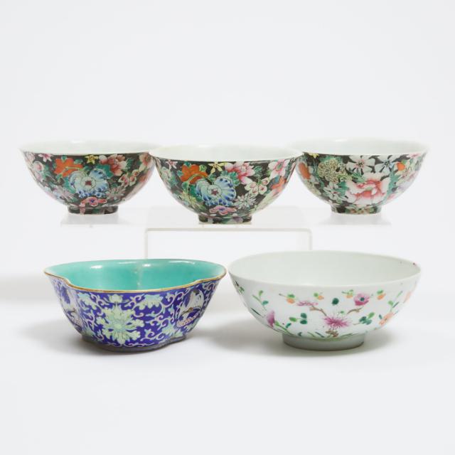 A Group of Five Famille Rose Bowls, Late 19th Century