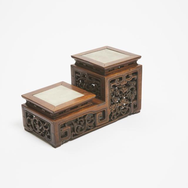 A Chinese Marble-Inset Rosewood Two-Tier Stand, Together With a Barrel Stool, 19th/20th Century