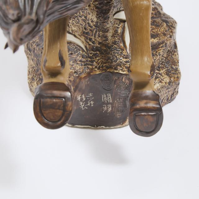 Liang Zhibiao (1968-), A Complete Set of Four Large Shiwan Ceramic Figures of Lu Bu against Liu Bei, Guan Yu, and Zhang Fei