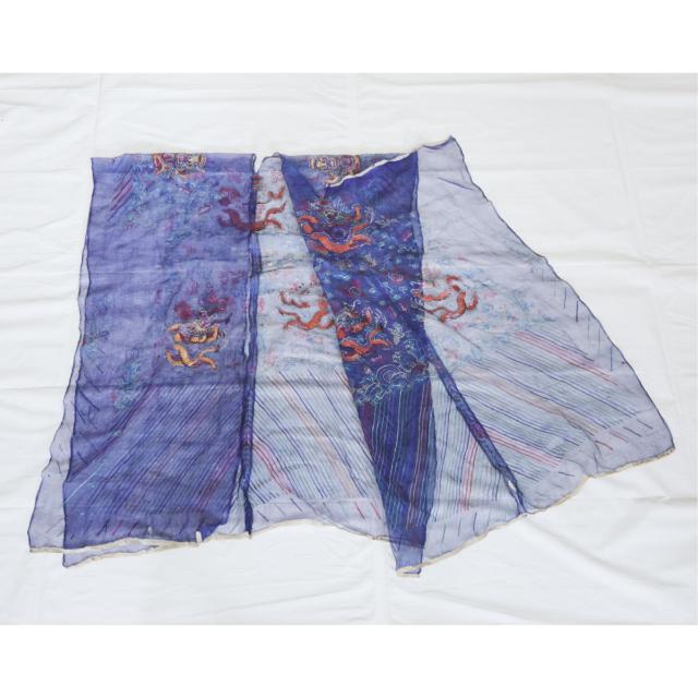 An Embroidered Blue-Ground Summer Gauze Uncut Dragon Robe, Together With Two Silk Embroidered 'Dragon' Panels, Late 19th Century