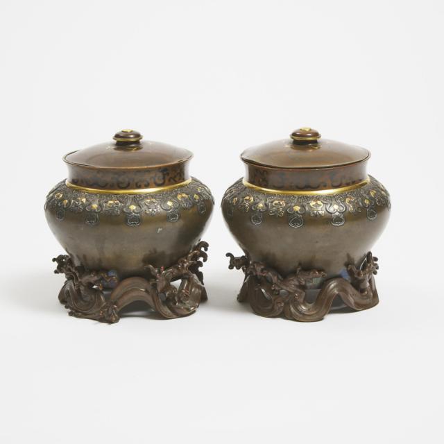A Pair of Japanese Gilt and SIlver Inlaid Bronze Censers, Meiji Period, Early 20th Century
