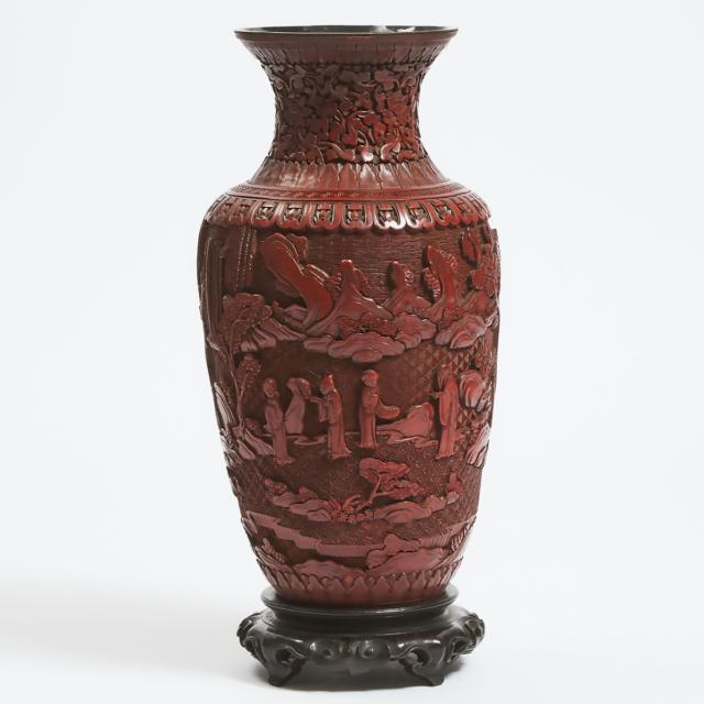 A Carved Cinnabar Lacquer Baluster Vase With Zitan Stand, 19th Century