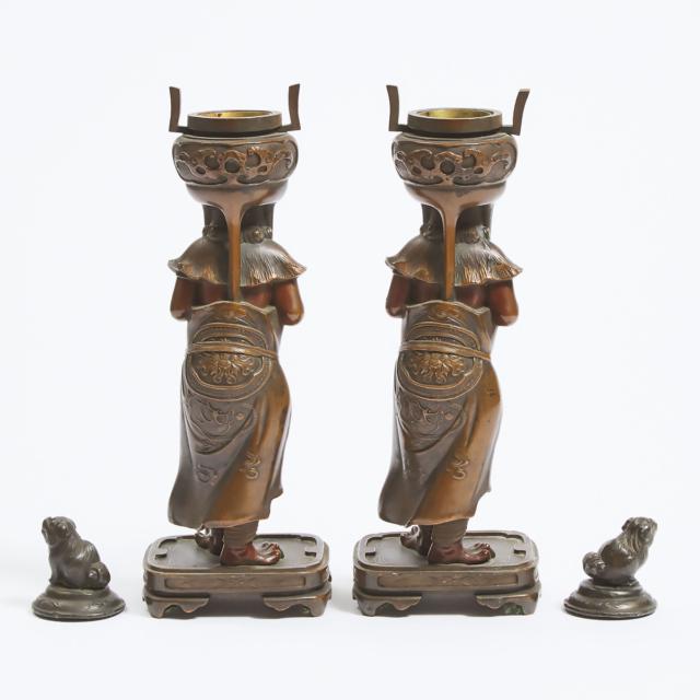 A Pair of Bronze 'Oni' Candlestick and Covers, Meiji Period, Late 19th Century