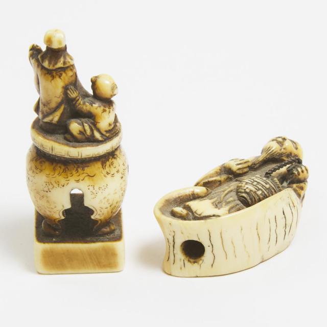 Two Ivory Netsuke of Jurojin and an Old Man Standing on a Large Scroll, Edo Period, 18th/19th Century